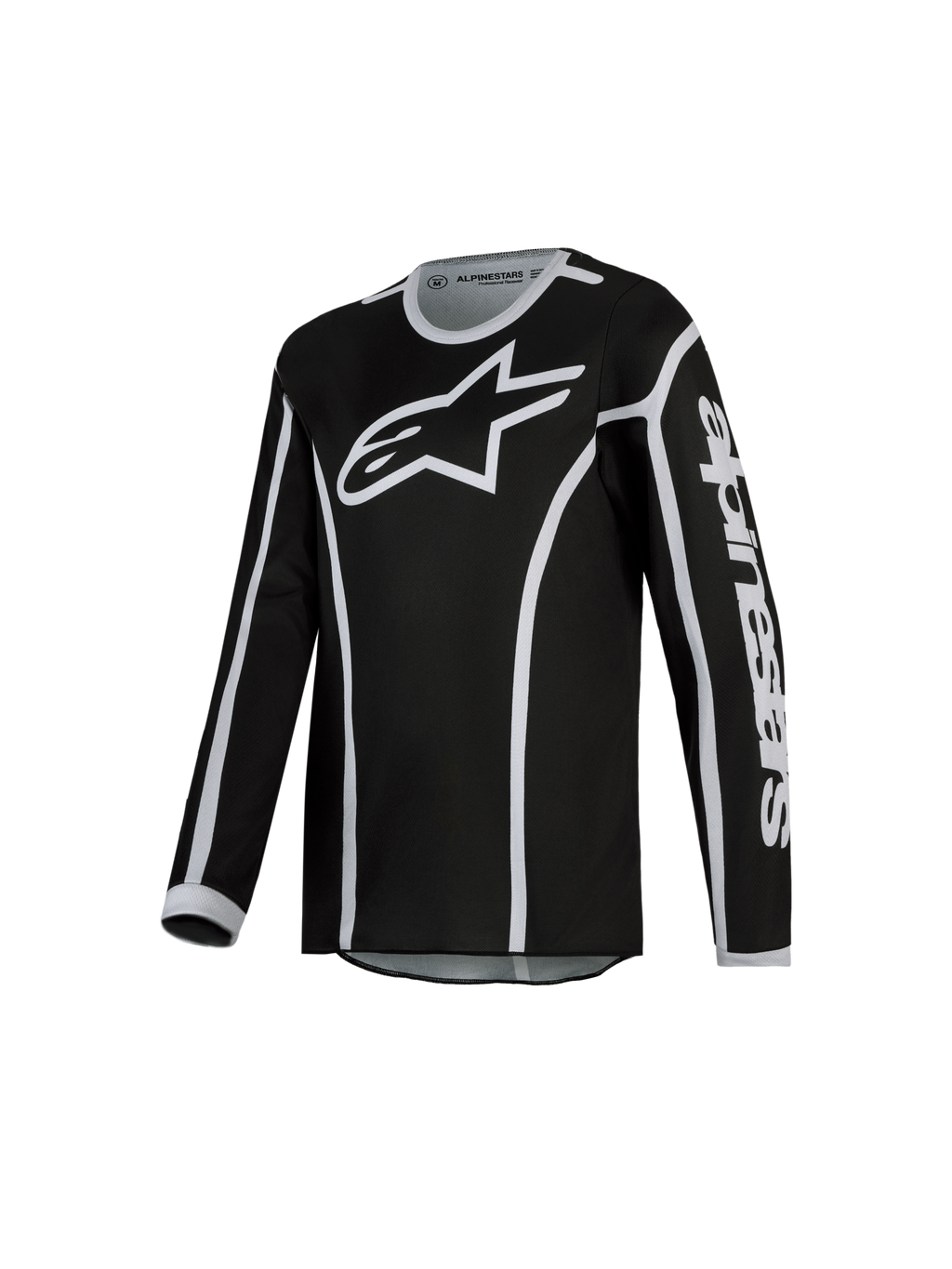 Alpinestars Fluid Apex V2 Jovem, camisola de motocross preta e prateada, tecido leve e respirável para todo-o-terreno.