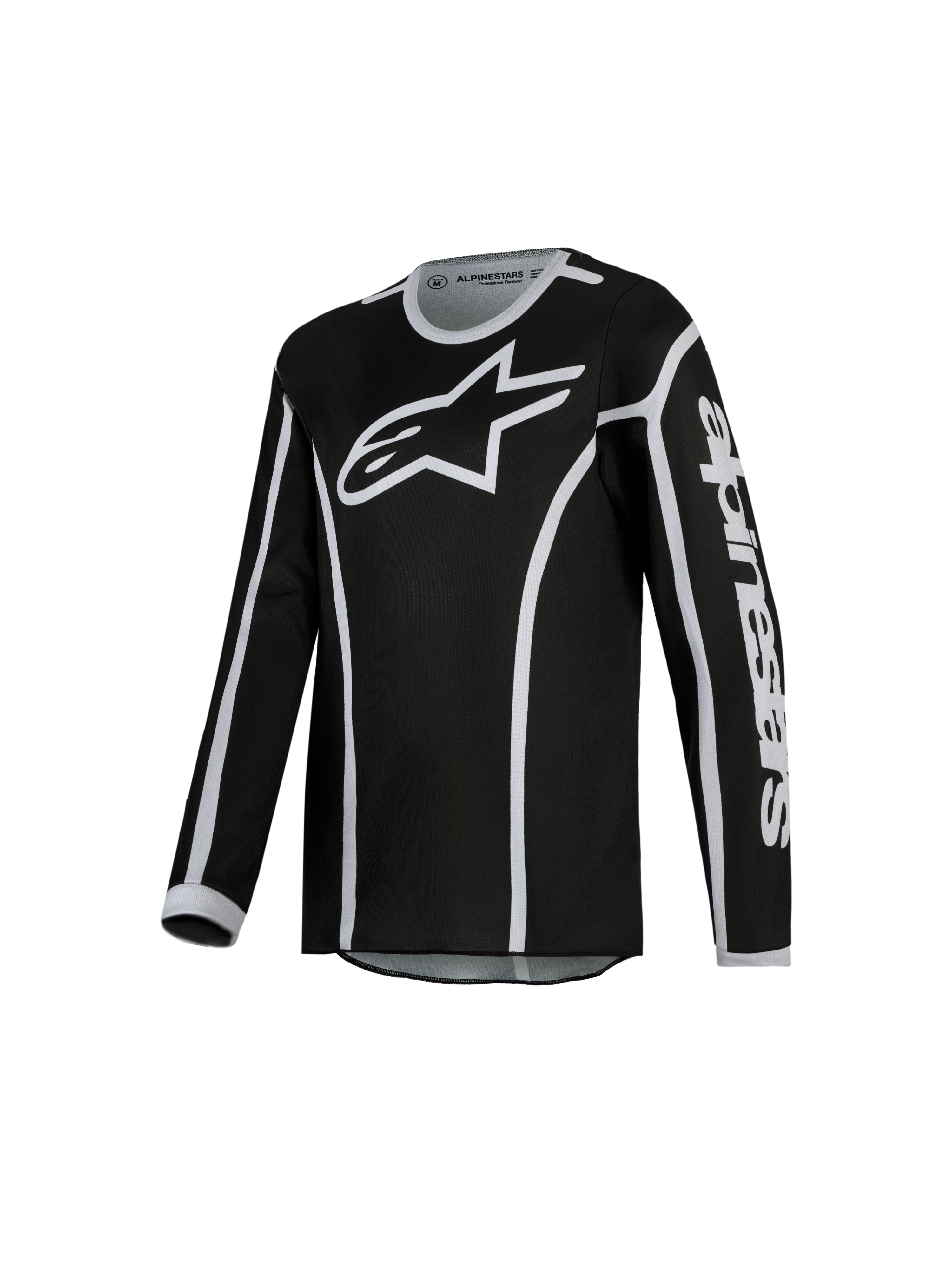 Alpinestars Fluid Apex V2 Jovem, camisola de motocross preta e prateada, tecido leve e respirável para todo-o-terreno.