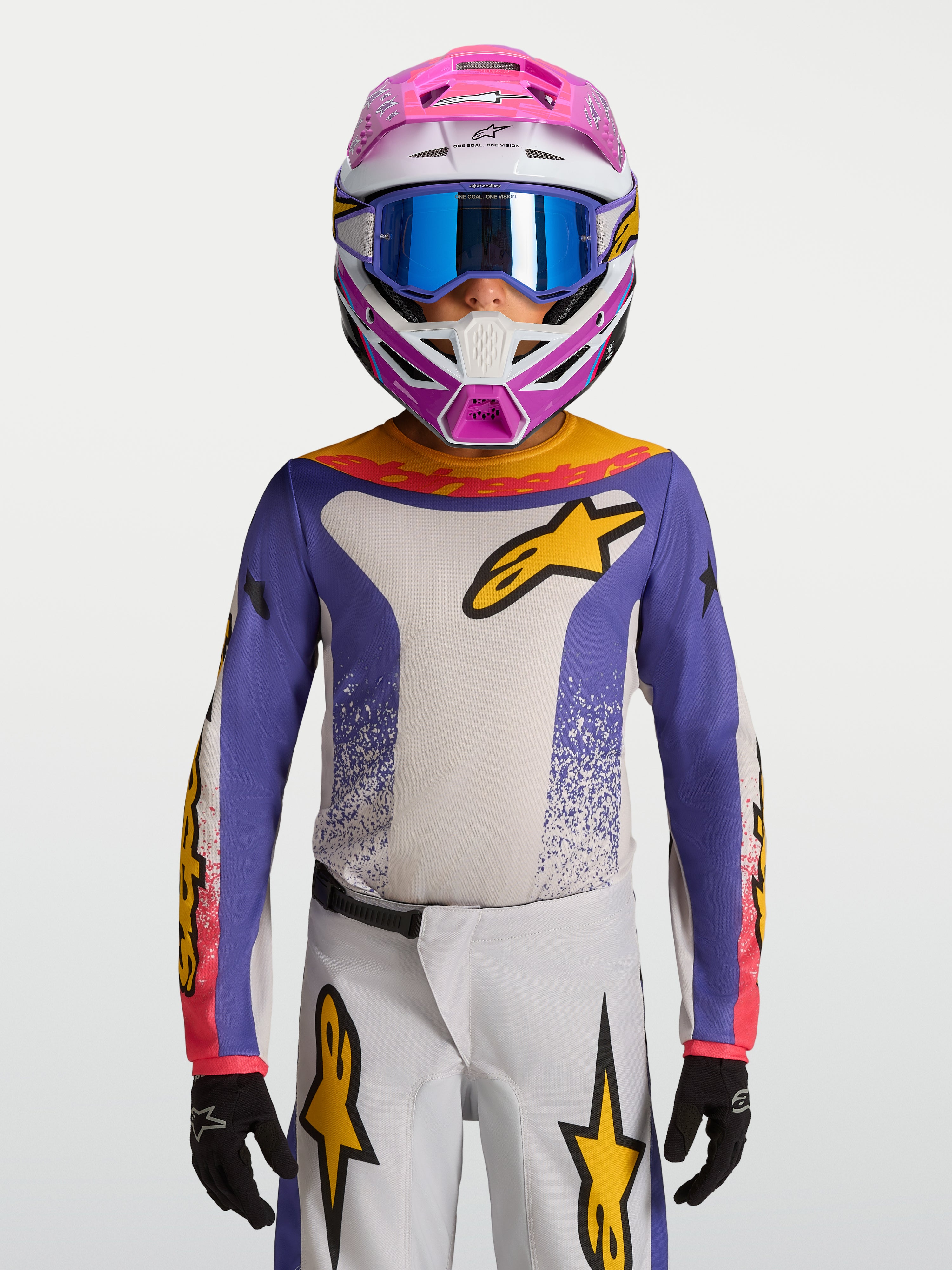 Alpinestars camisola Fluid Drag juventude 2027, camisola de motocross para jovens, azul e branca com detalhes dourados, tecido respirável e leve para off-road.
