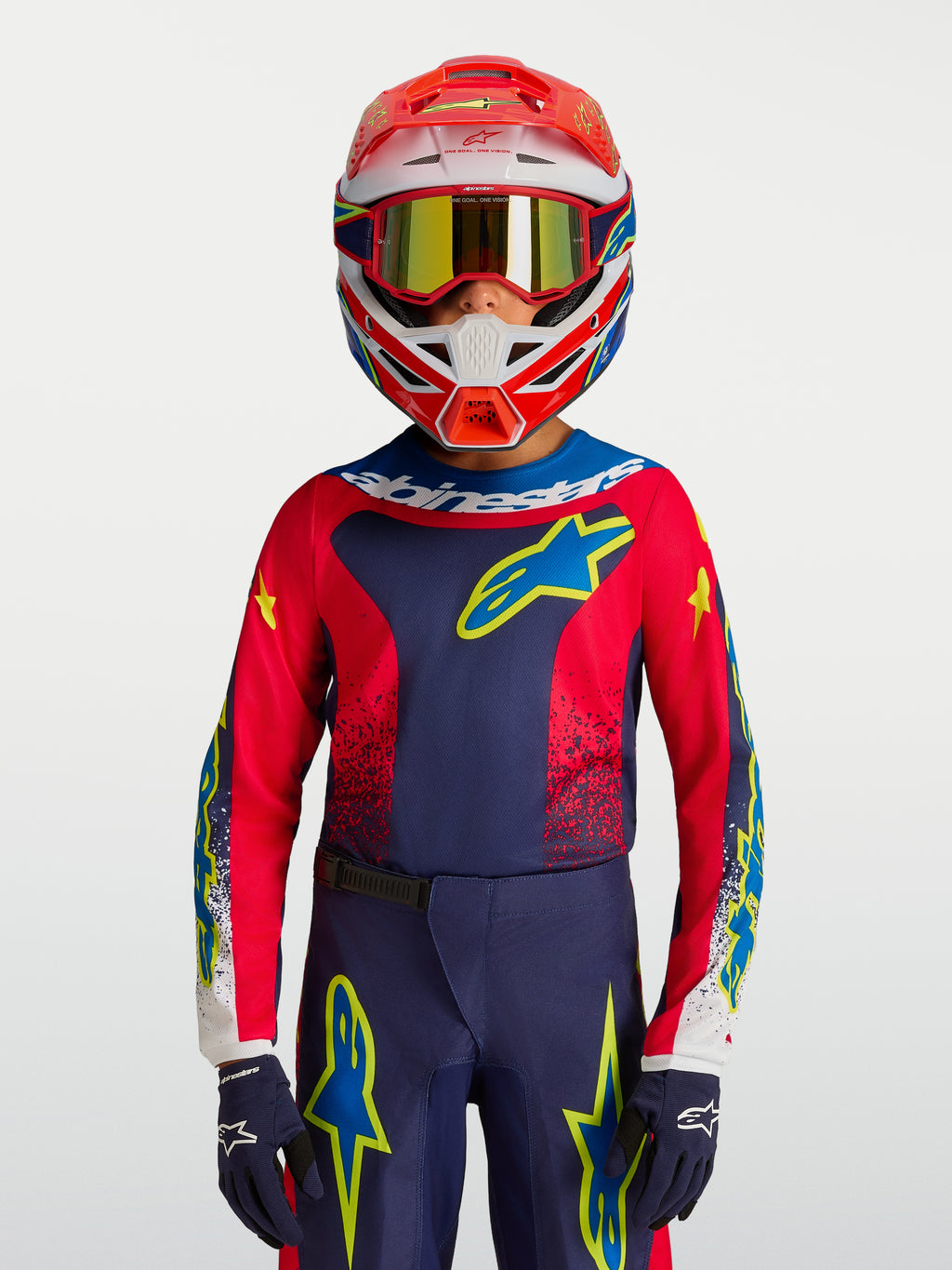 Alpinestars Camisola Fluid Drag Jovem 2027, camisola de motocross para jovens, azul-marinho e vermelha com pormenores amarelos, para off-road.