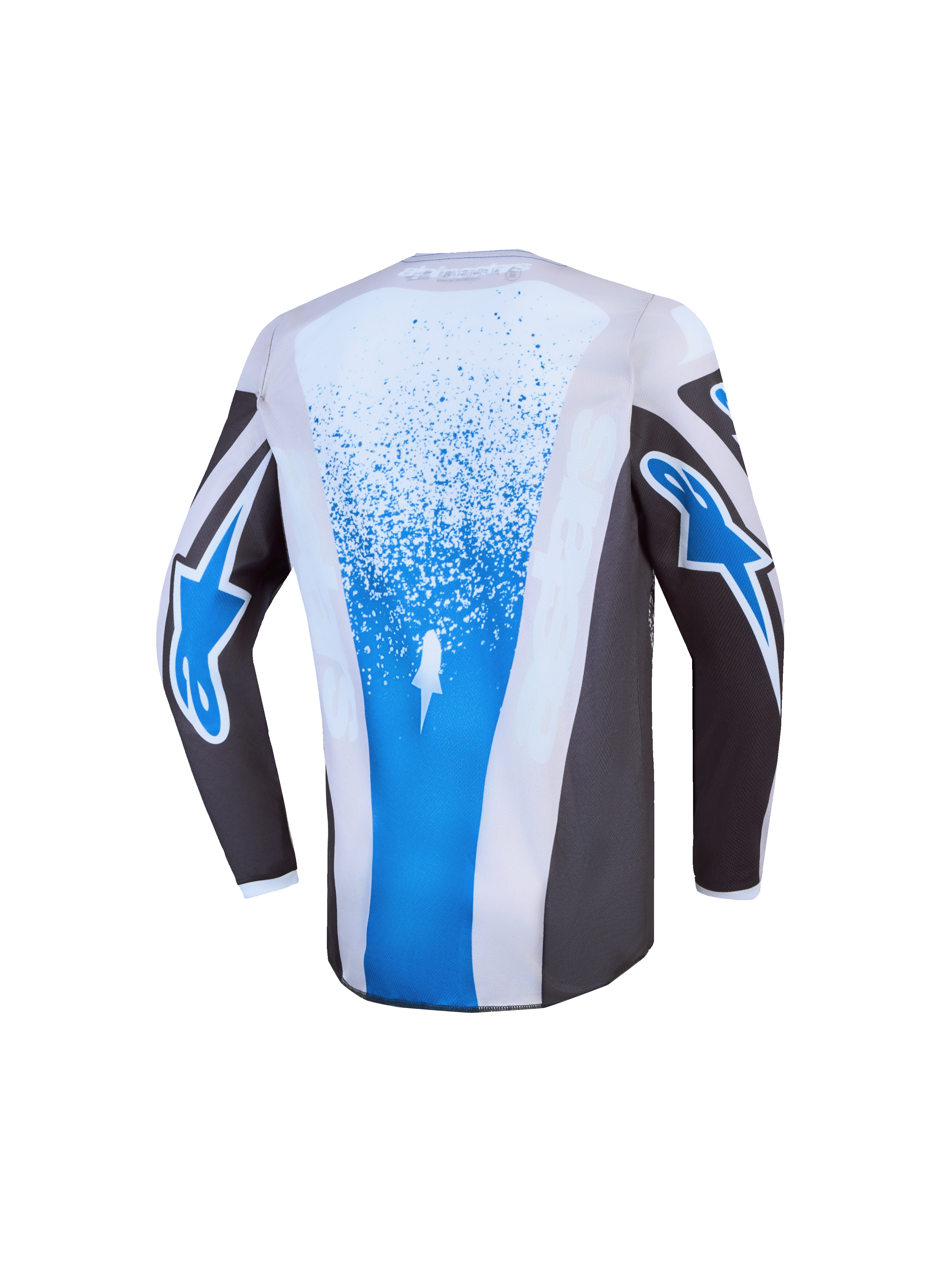 Alpinestars camisola Fluid Drag Jovem 2027, camisola de motocross para jovens, azul e cinzenta, vista traseira.