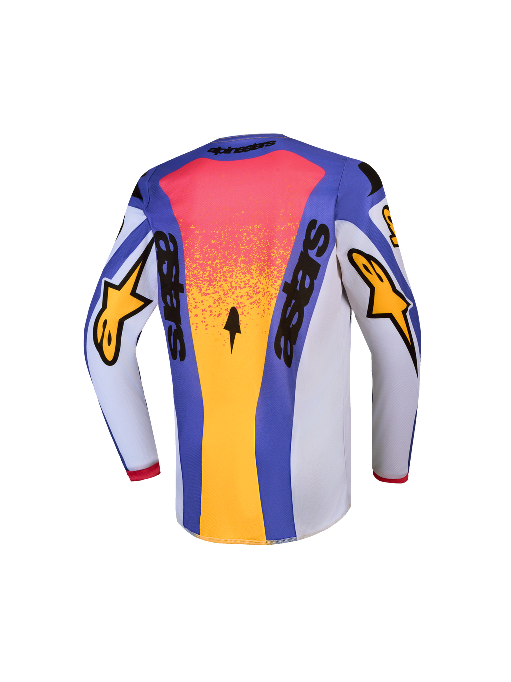 Alpinestars Camisola Fluid Drag Juventude, camisola de motocross para jovens, vista traseira, azul e dourada, construção em tecido respirável que afasta a humidade.
