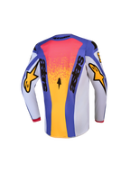 Alpinestars Camisola Fluid Drag Juventude, camisola de motocross para jovens, vista traseira, azul e dourada, construção em tecido respirável que afasta a humidade.
