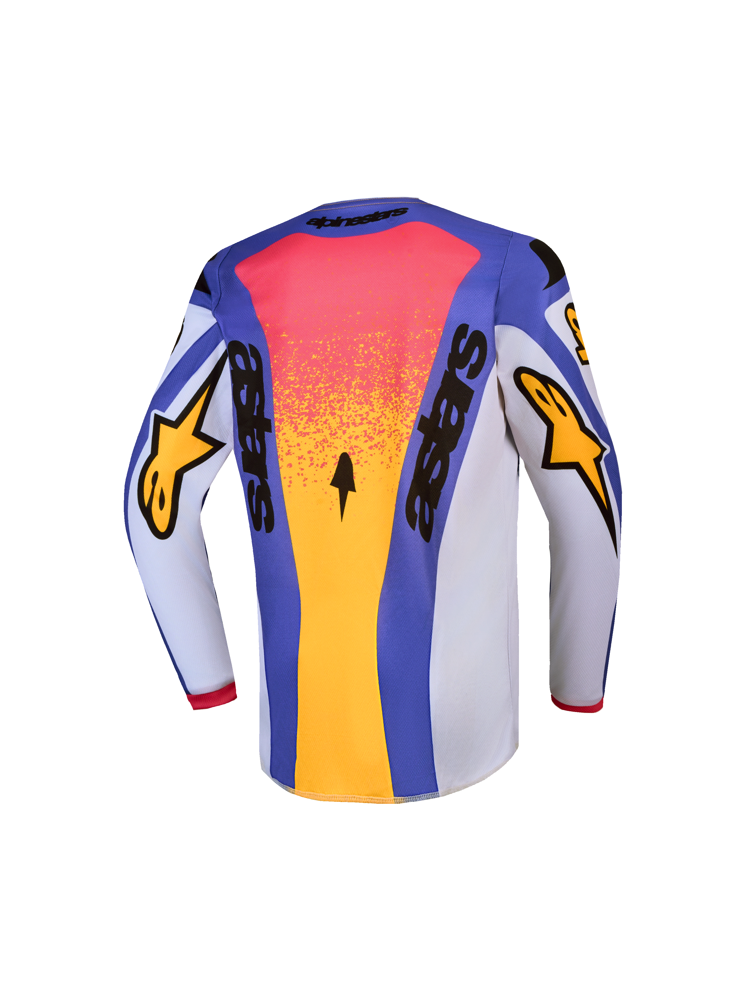 Alpinestars Camisola Fluid Drag Juventude, camisola de motocross para jovens, vista traseira, azul e dourada, construção em tecido respirável que afasta a humidade.