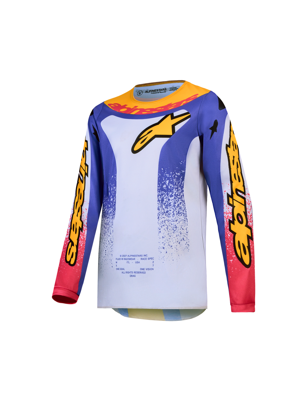 Alpinestars Camisola Fluid Drag Juventude 2027, motocross para jovens, azul e branca com gráficos amarelos e vermelhos.