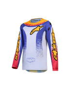 Alpinestars Camisola Fluid Drag Juventude 2027, motocross para jovens, azul e branca com gráficos amarelos e vermelhos.