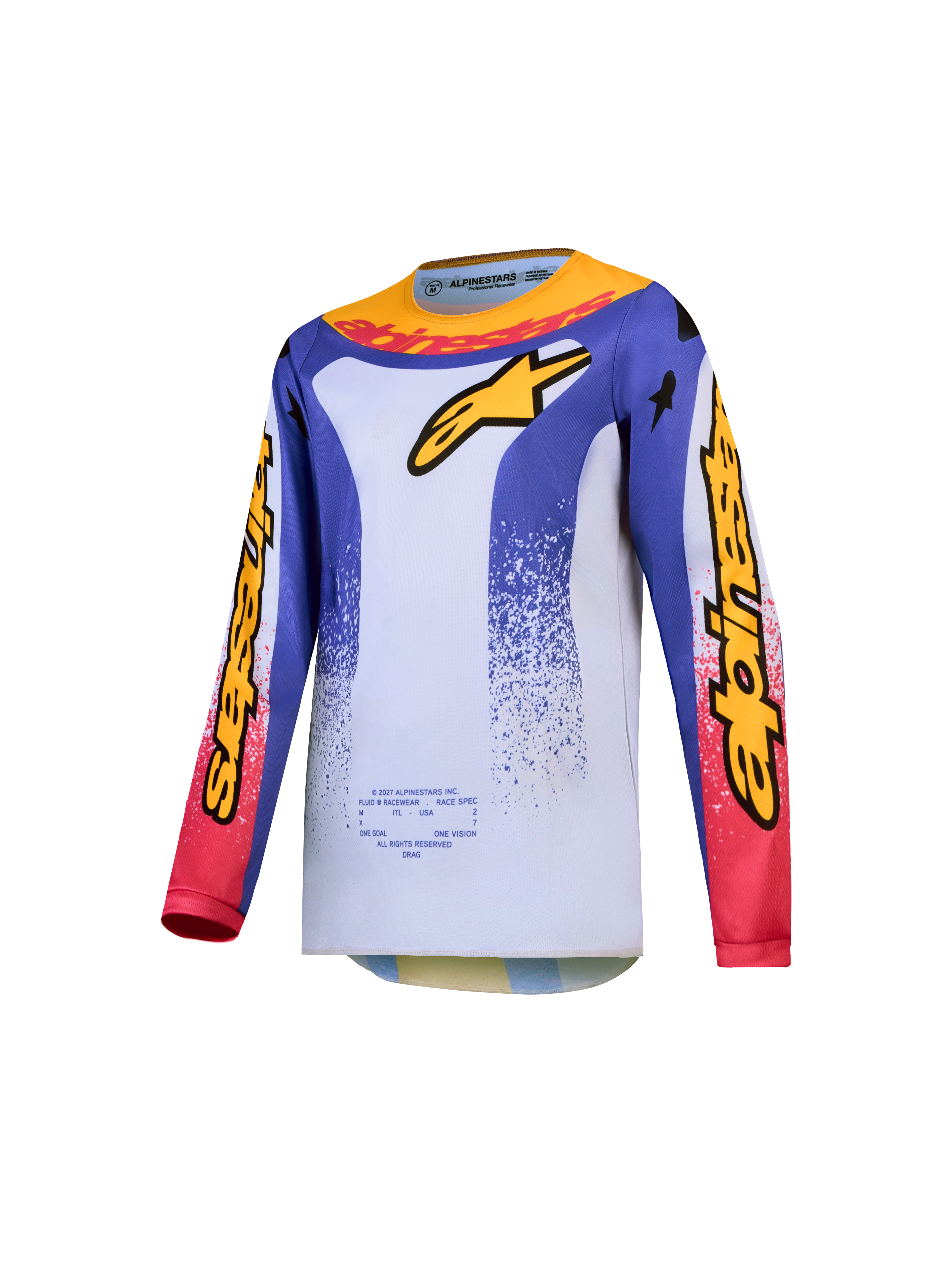 Alpinestars Camisola Fluid Drag Juventude 2027, motocross para jovens, azul e branca com gráficos amarelos e vermelhos.