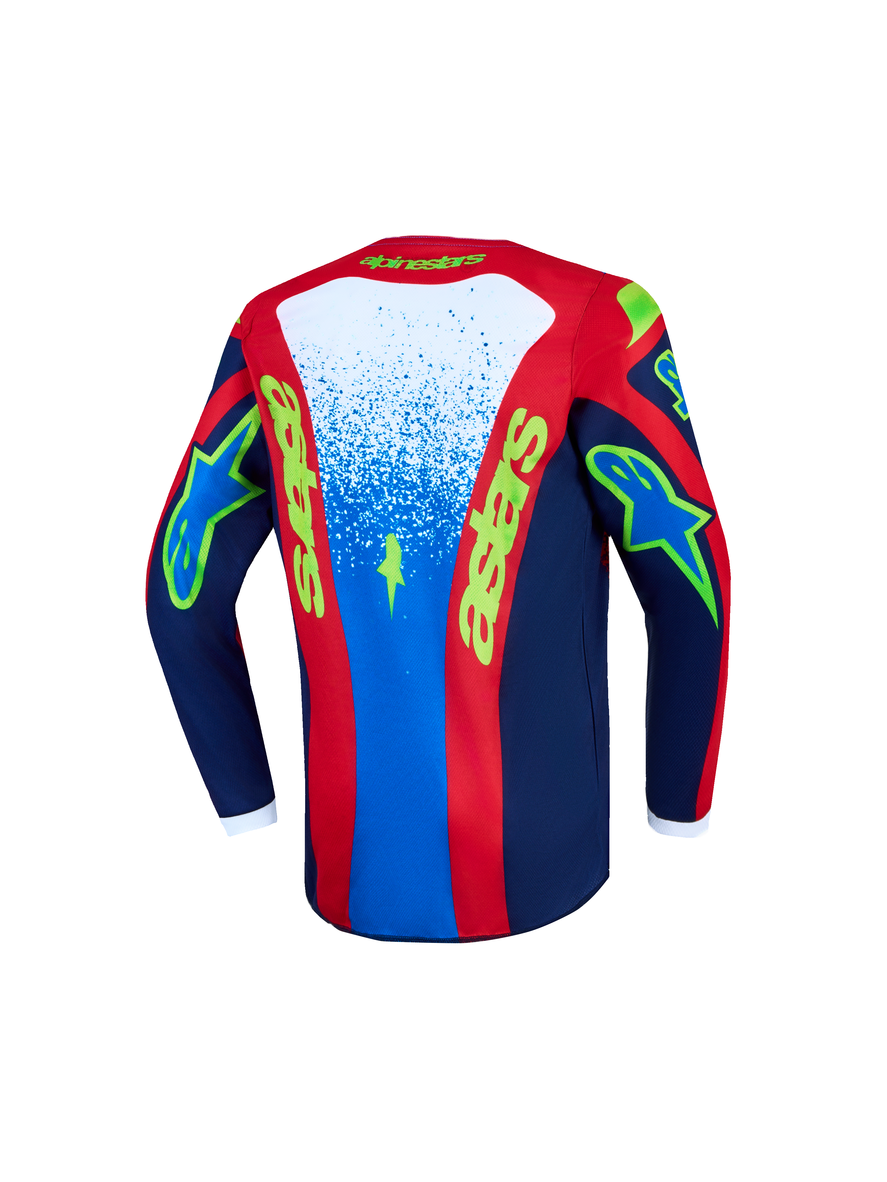 Alpinestars Camisola Fluid Drag Jovem 2027, camisola de motocross azul e vermelha para jovens, vista traseira, tecido respirável