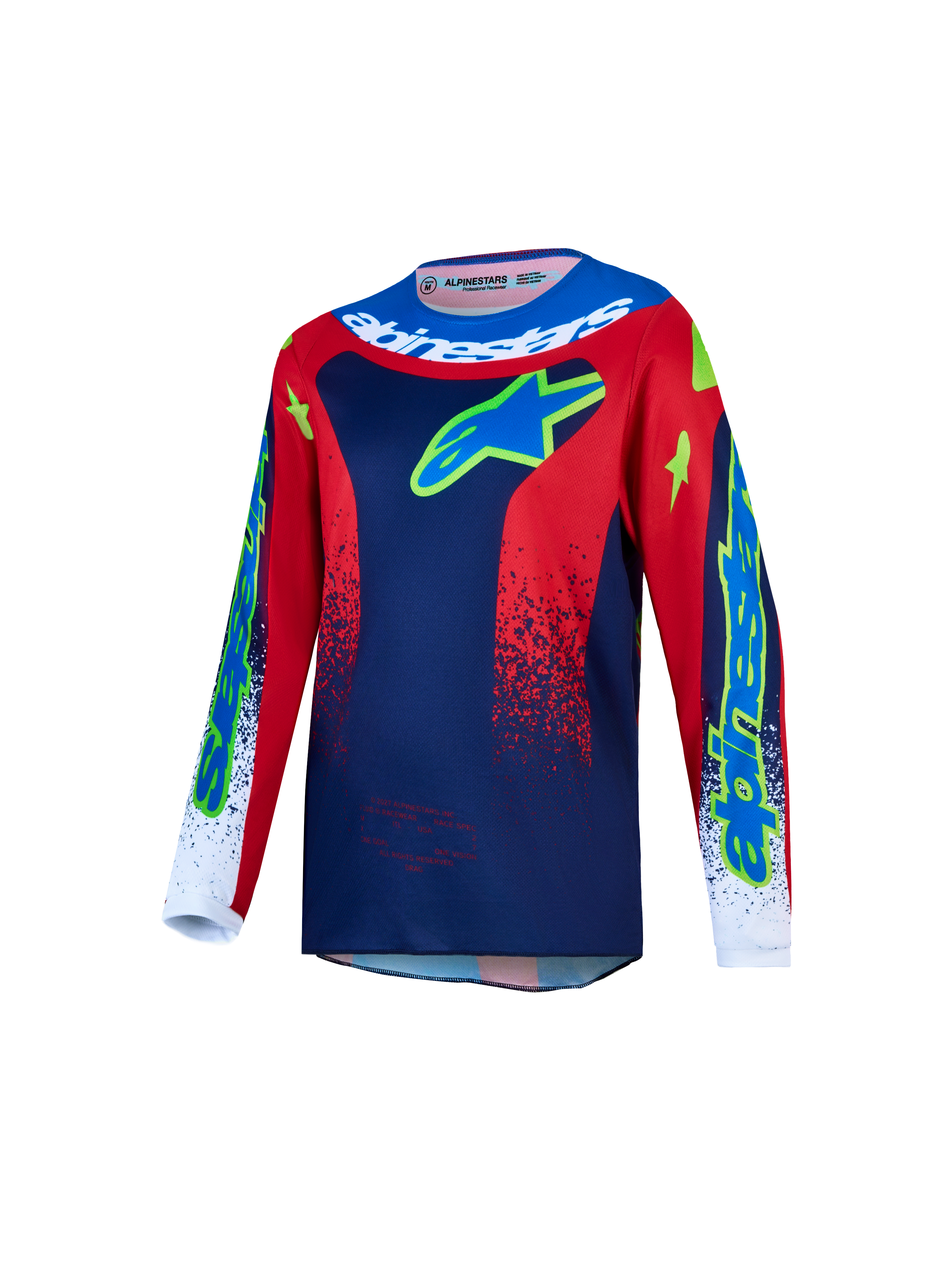 Alpinestars Camisola Fluid Drag Jovem 2027, camisola de motocross azul e vermelha para jovens, com tecido respirável.