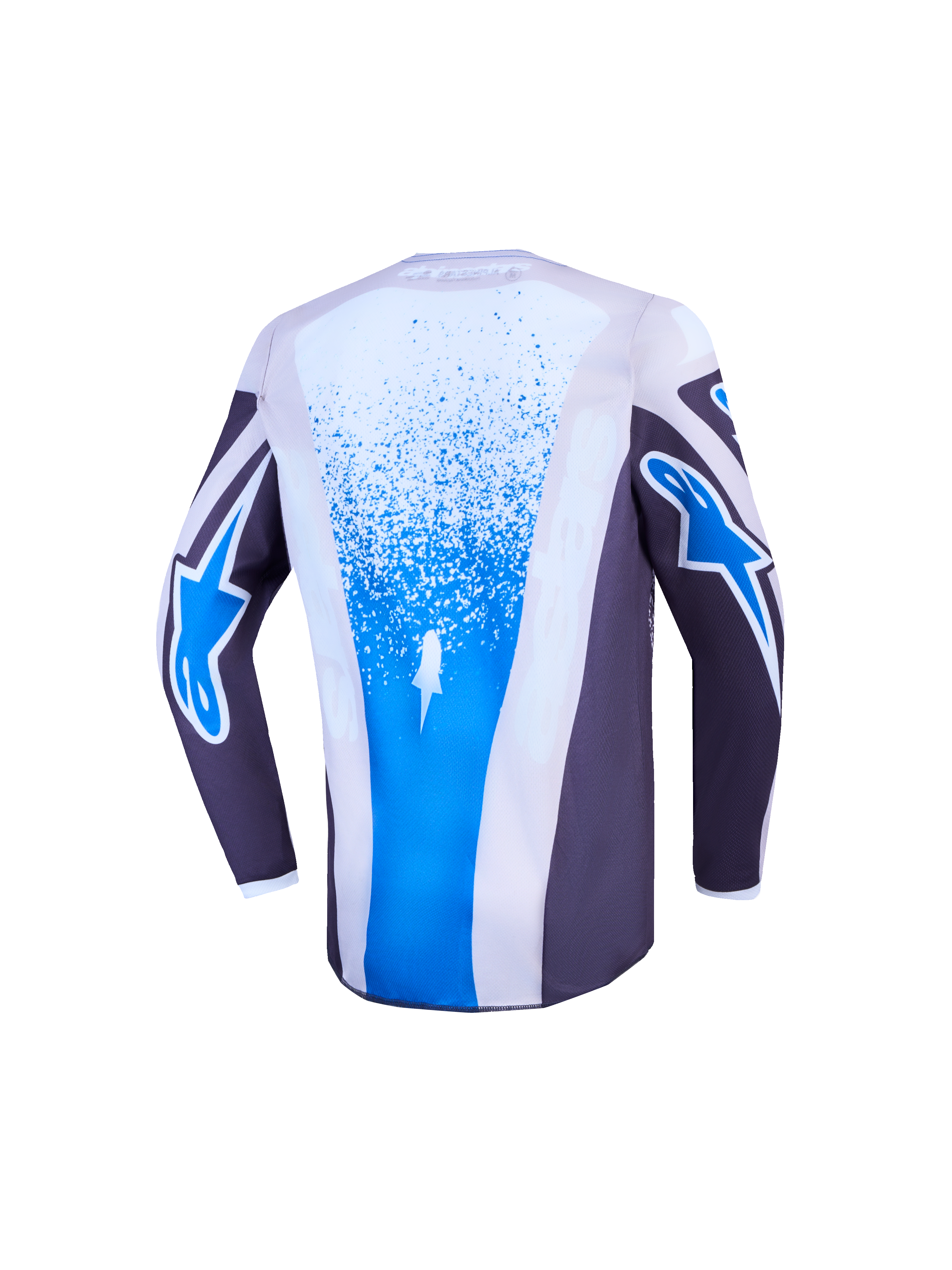 Alpinestars Camisola Fluid Drag Jovem, camisola de motocross, cinzenta e azul, vista traseira, tecido respirável.