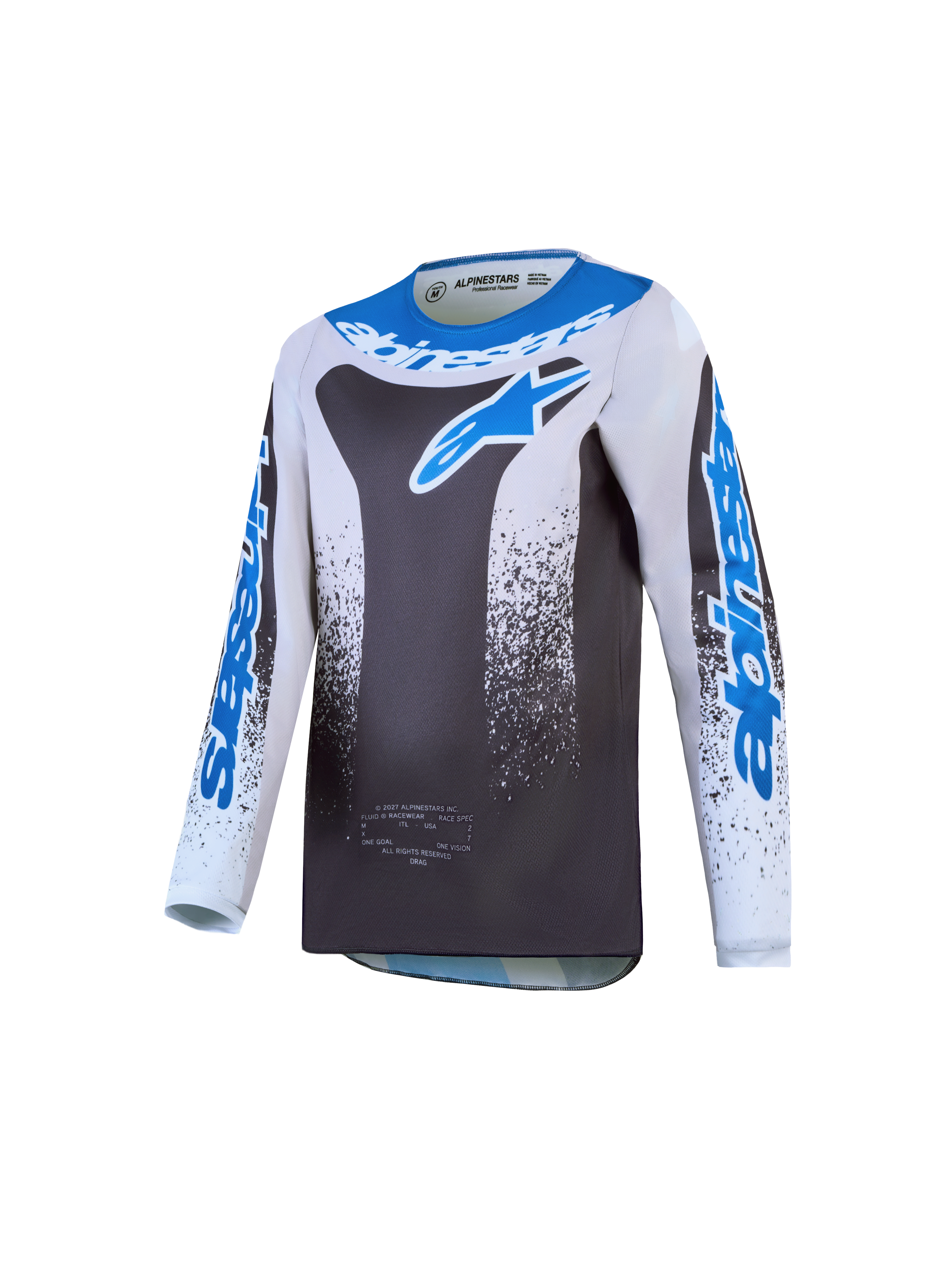 Alpinestars Camisola Fluid Drag Jovem, camisola de motocross, cinzenta e azul, em polifabric leve e respirável.