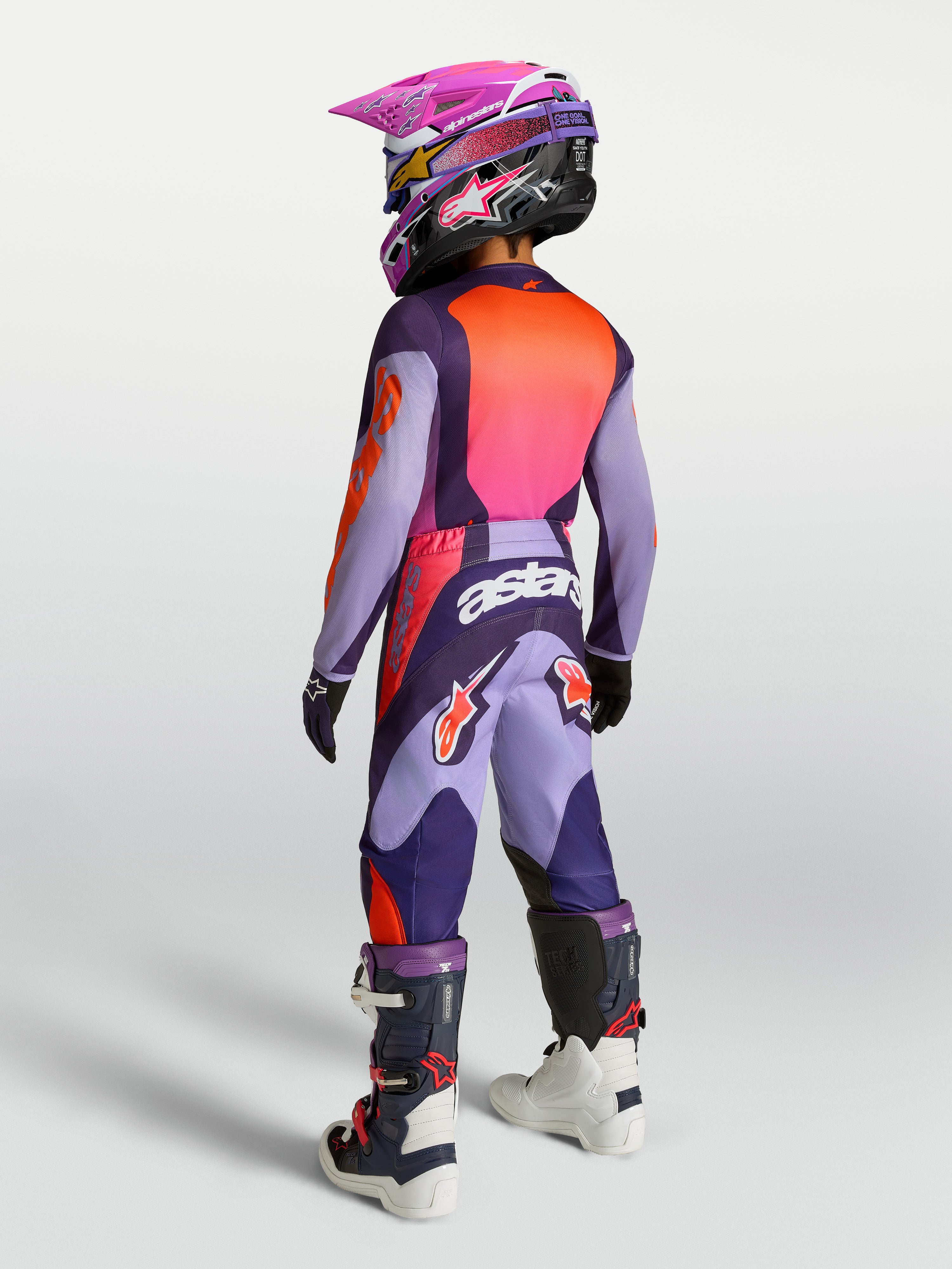 Alpinestars camisola e conjunto de equipamento Fluid Hunt Jovem, motocross, roxo e rosa fluo, vista traseira.