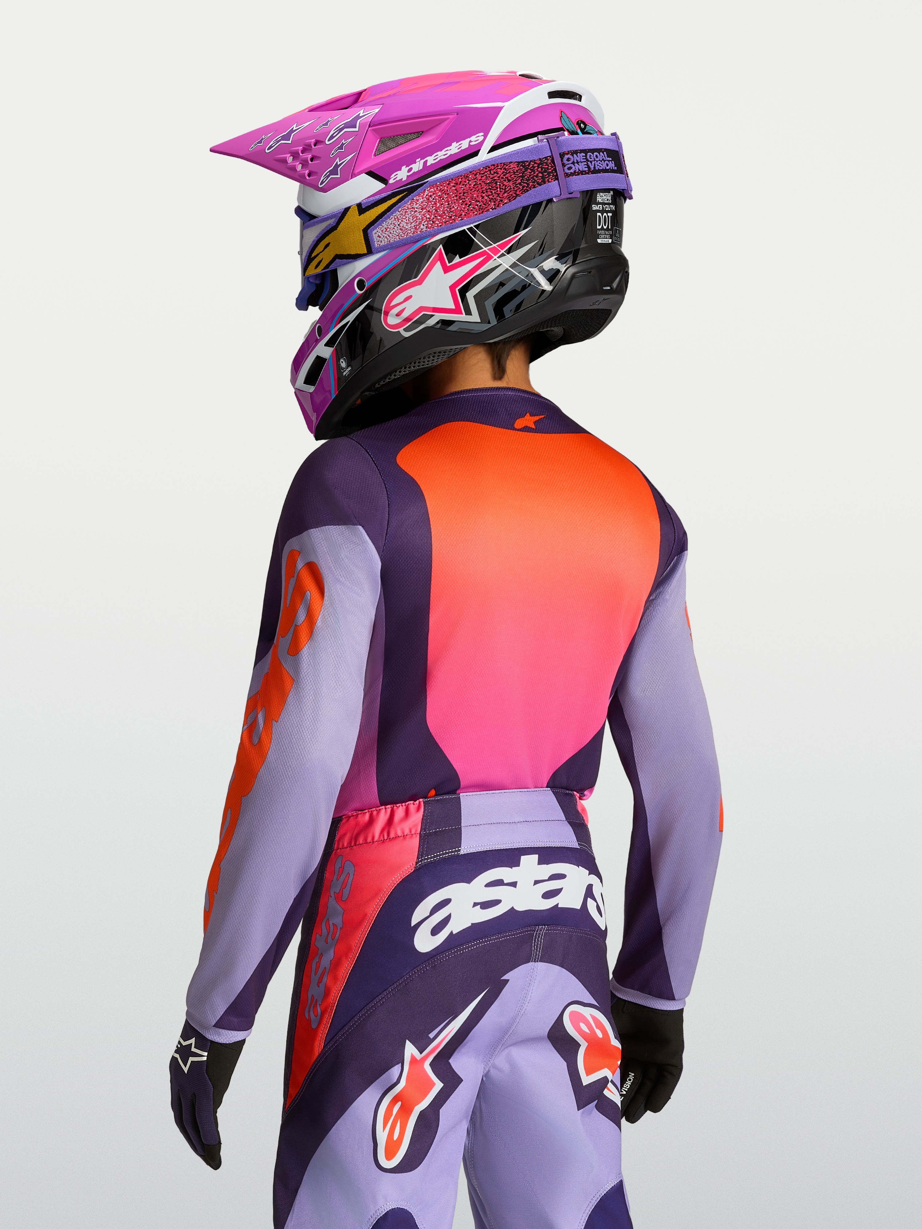 Alpinestars Camisola Fluid Hunt Jovem 2027, camisola de motocross roxa e rosa, vista traseira, tecido leve e respirável