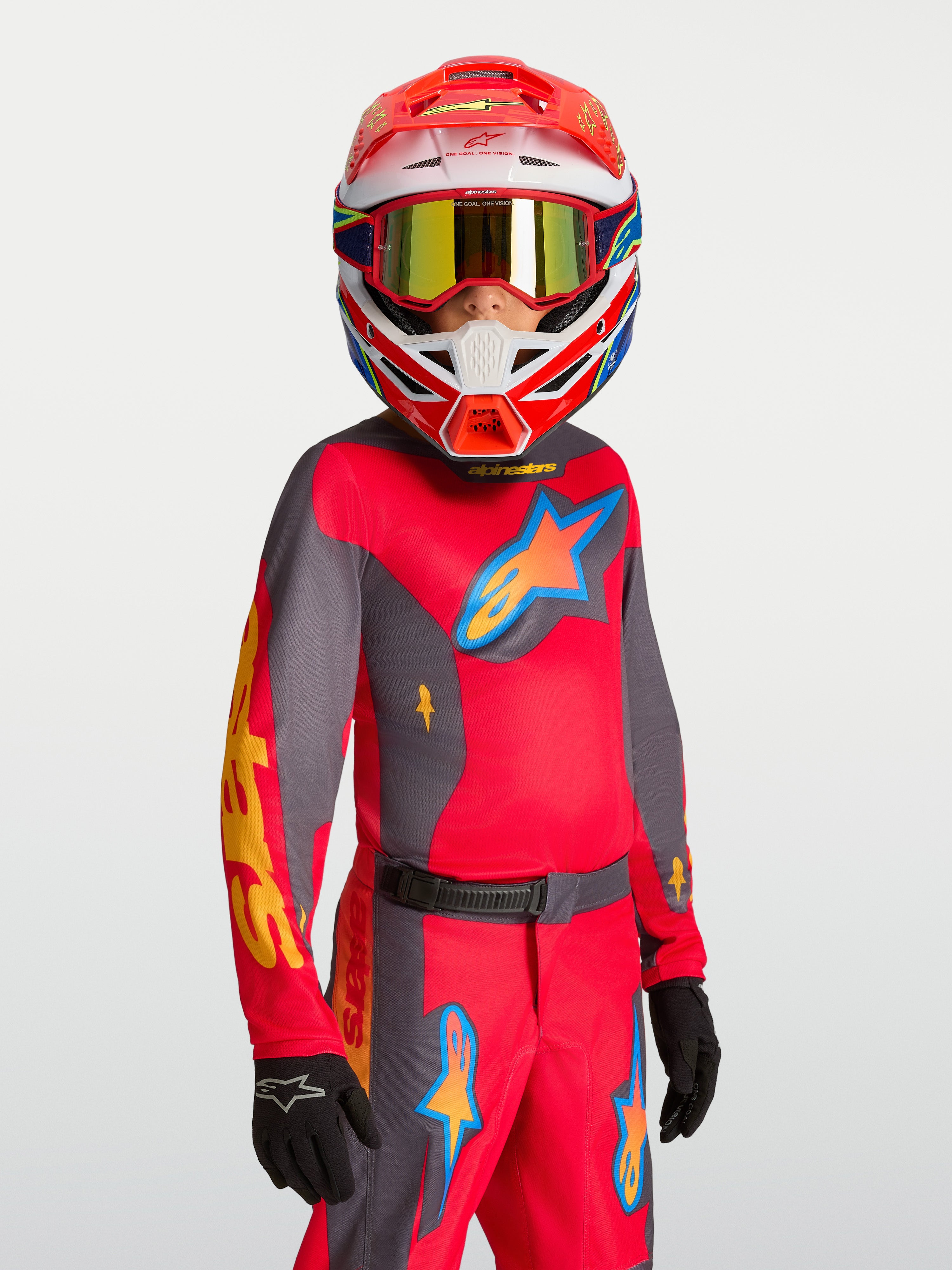 Alpinestars Camisola Fluid Hunt Juventude 2027, camisola de motocross para juventude, vermelha e cinzenta, design técnico respirável para todo-o-terreno