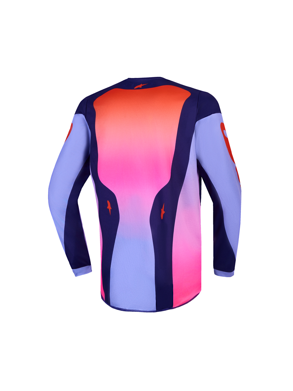Alpinestars Camisola Fluid Hunt Jovem, camisola de motocross para jovens, roxa e rosa fluo, vista traseira com corte mais longo, material respirável de alto desempenho.