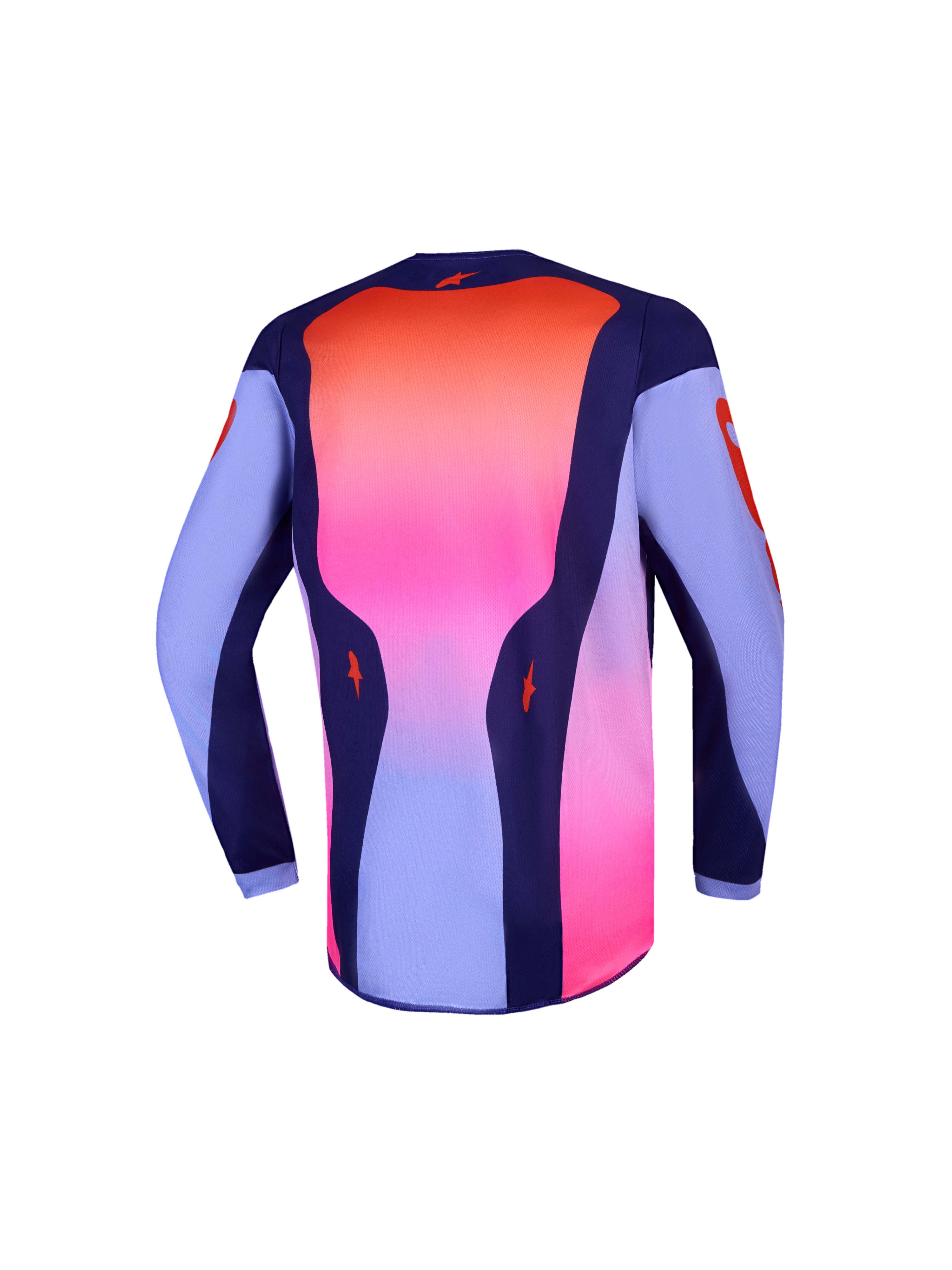 Alpinestars Camisola Fluid Hunt Jovem, camisola de motocross para jovens, roxa e rosa fluo, vista traseira com corte mais longo, material respirável de alto desempenho.