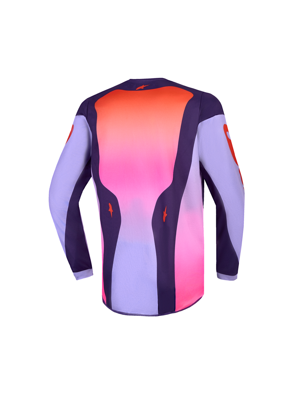 Alpinestars Camisola Fluid Hunt Jovem 2027, camisola de motocross, roxa e rosa, com painel traseiro alongado, vista traseira.