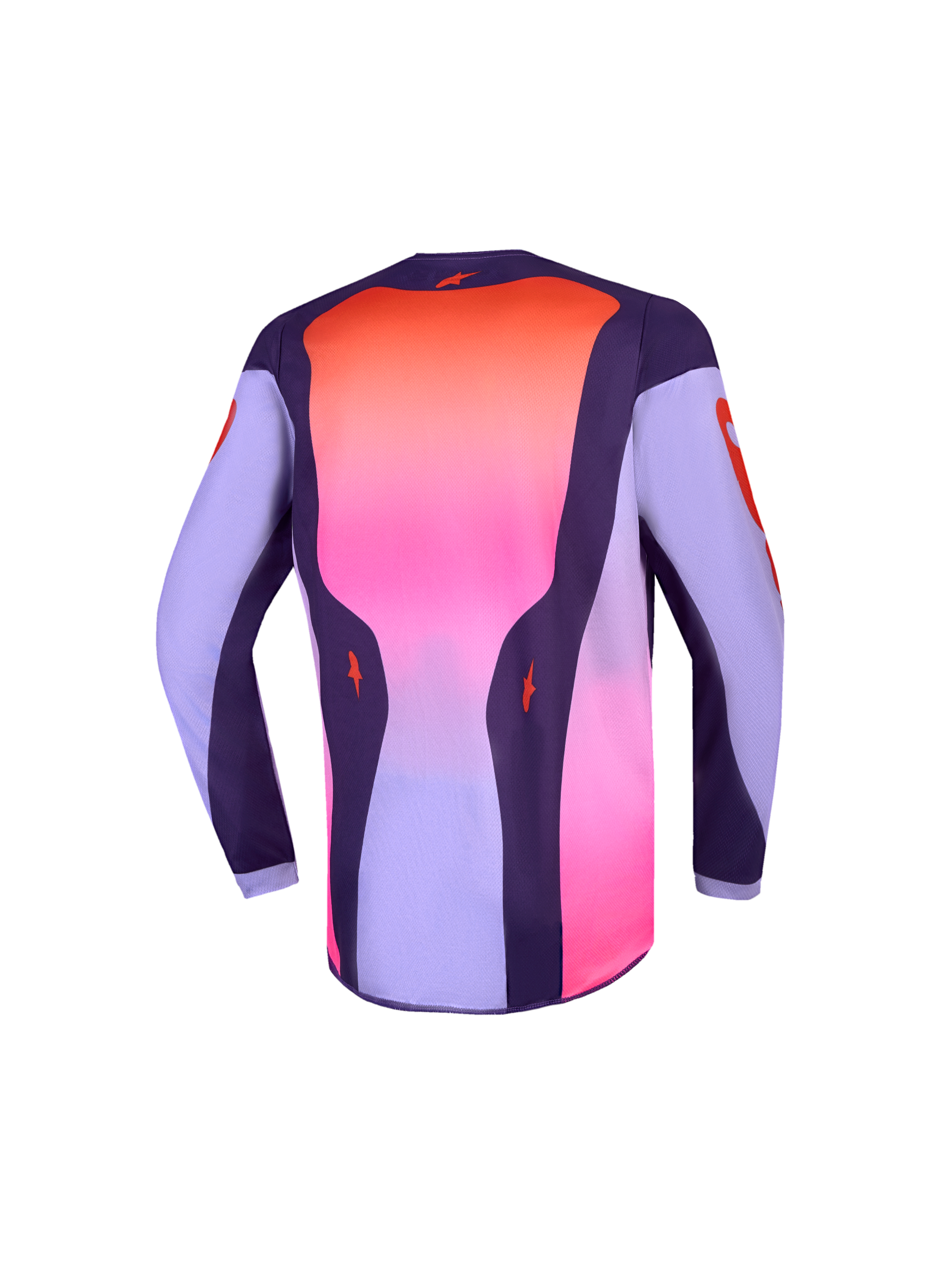 Alpinestars Camisola Fluid Hunt Jovem 2027, camisola de motocross, roxa e rosa, com painel traseiro alongado, vista traseira.