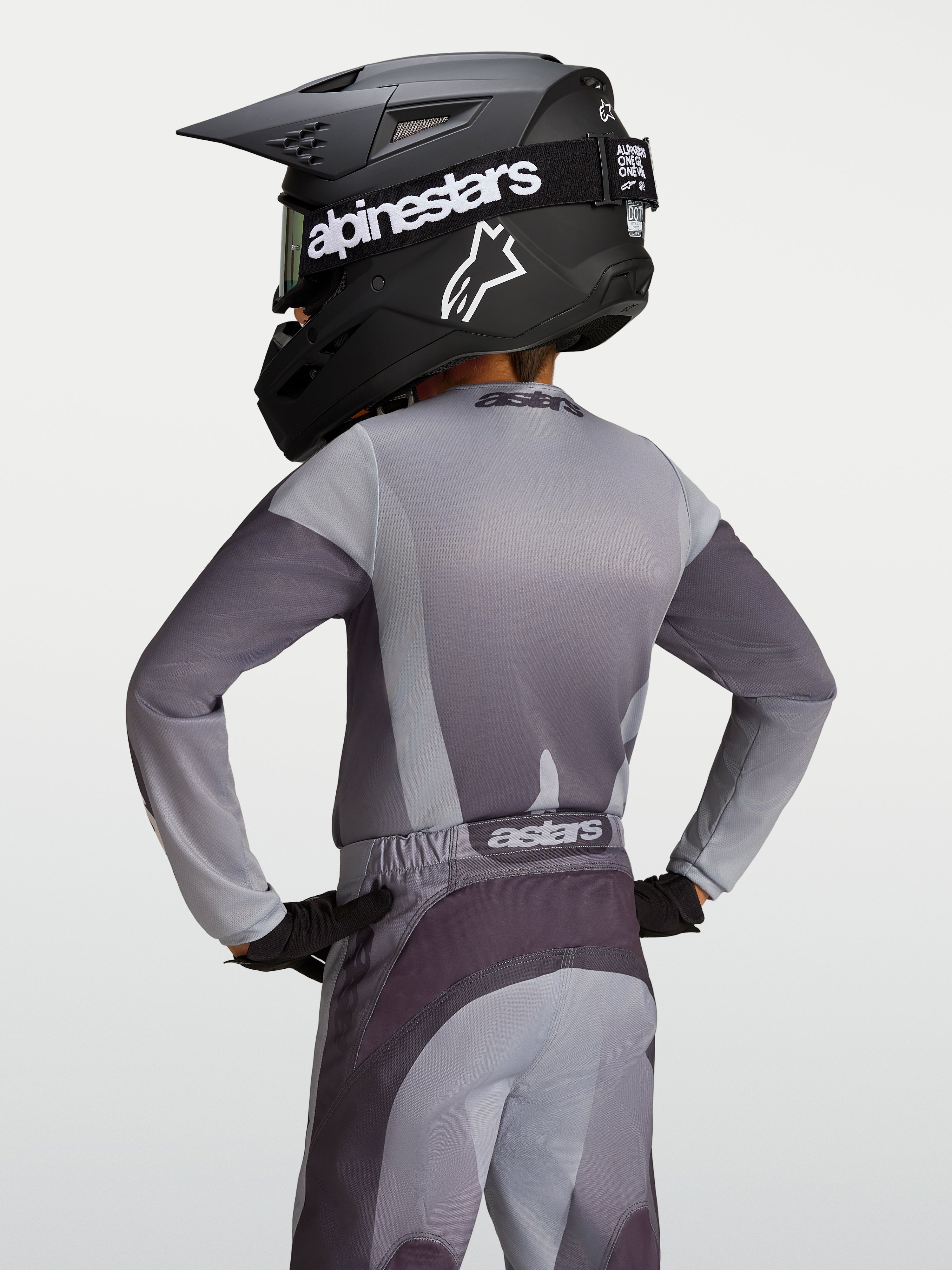 Alpinestars Camisola Fluid Amber Jovem, camisola de motocross para jovens, cinzenta, vista traseira.