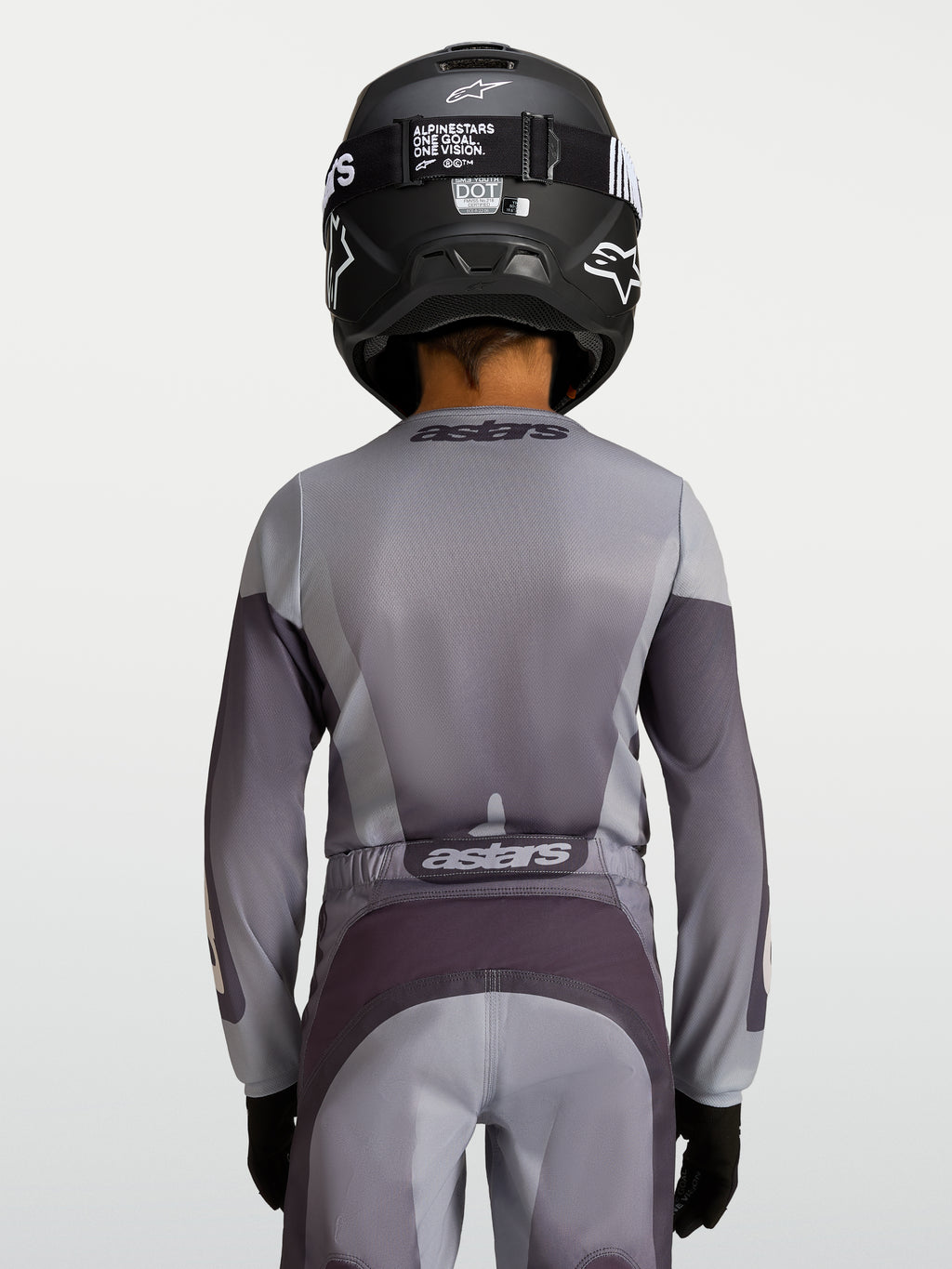 Alpinestars Camisola Fluid Amber Jovem 2027, camisola de motocross para juventude, cinzenta e areia, vista traseira, tecido respirável para desempenho em todo-o-terreno