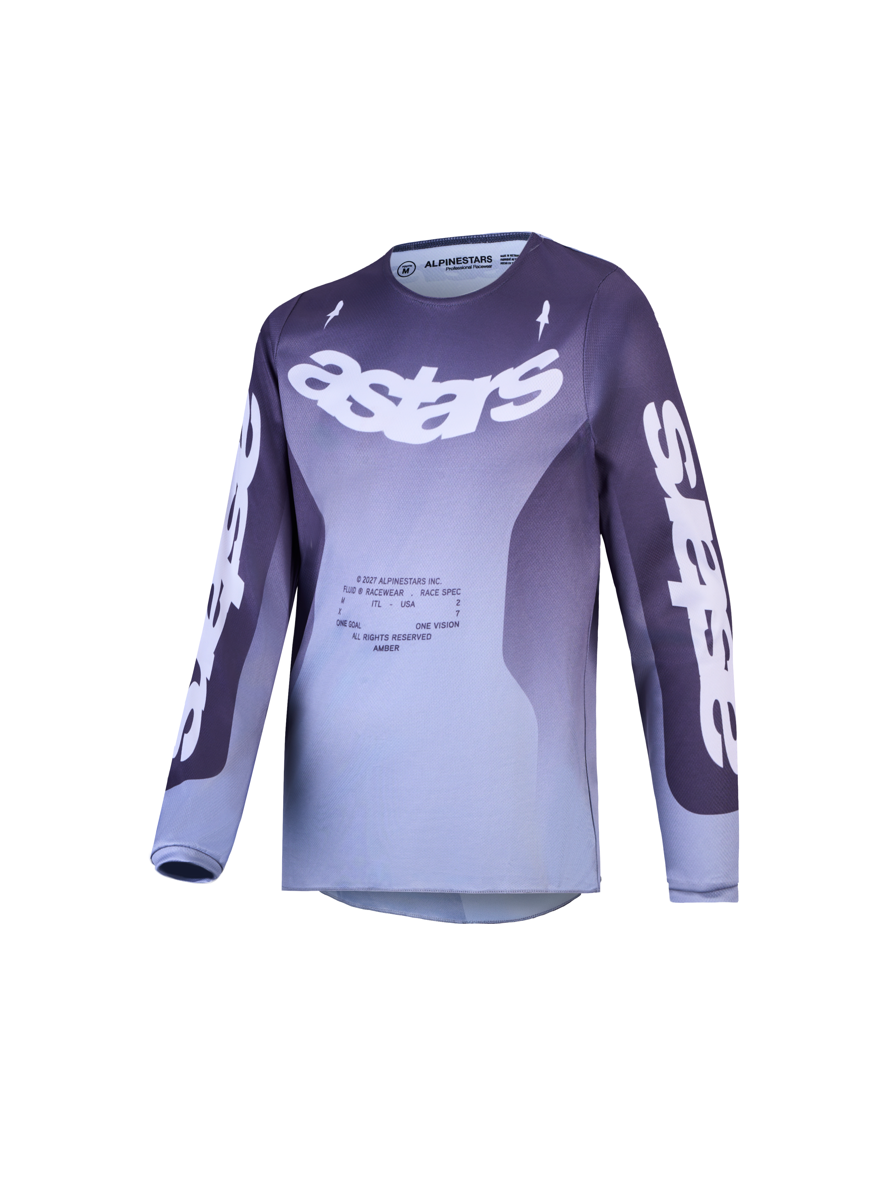 Alpinestars Youth Fluid Amber Jersey, camisola de motocross para juventude, gradiente roxo e cinzento com logótipo Astars