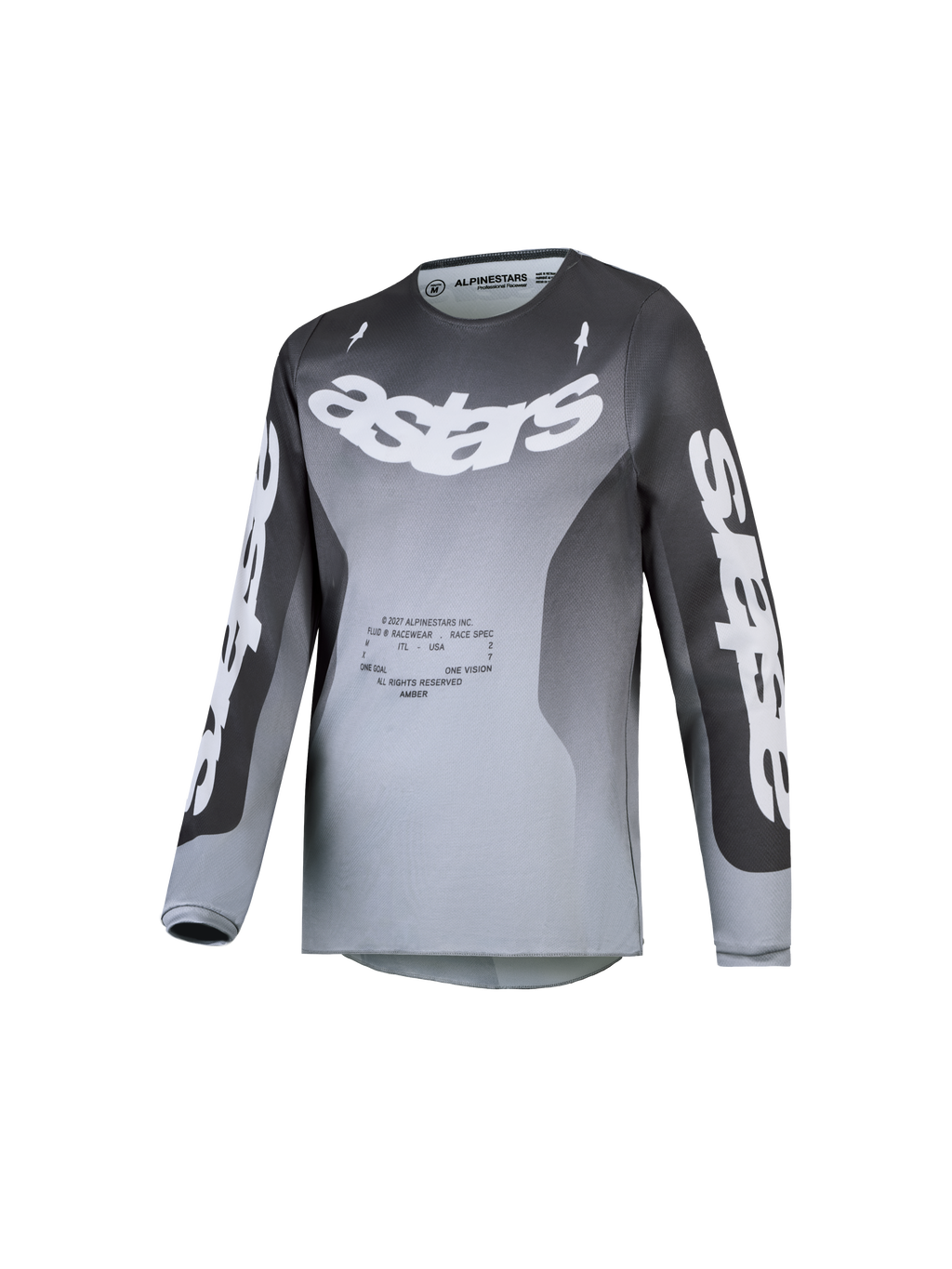 Alpinestars Camisola Fluid Amber Jovem 2027, camisola de motocross em degradê cinzento e branco, polifabric respirável.