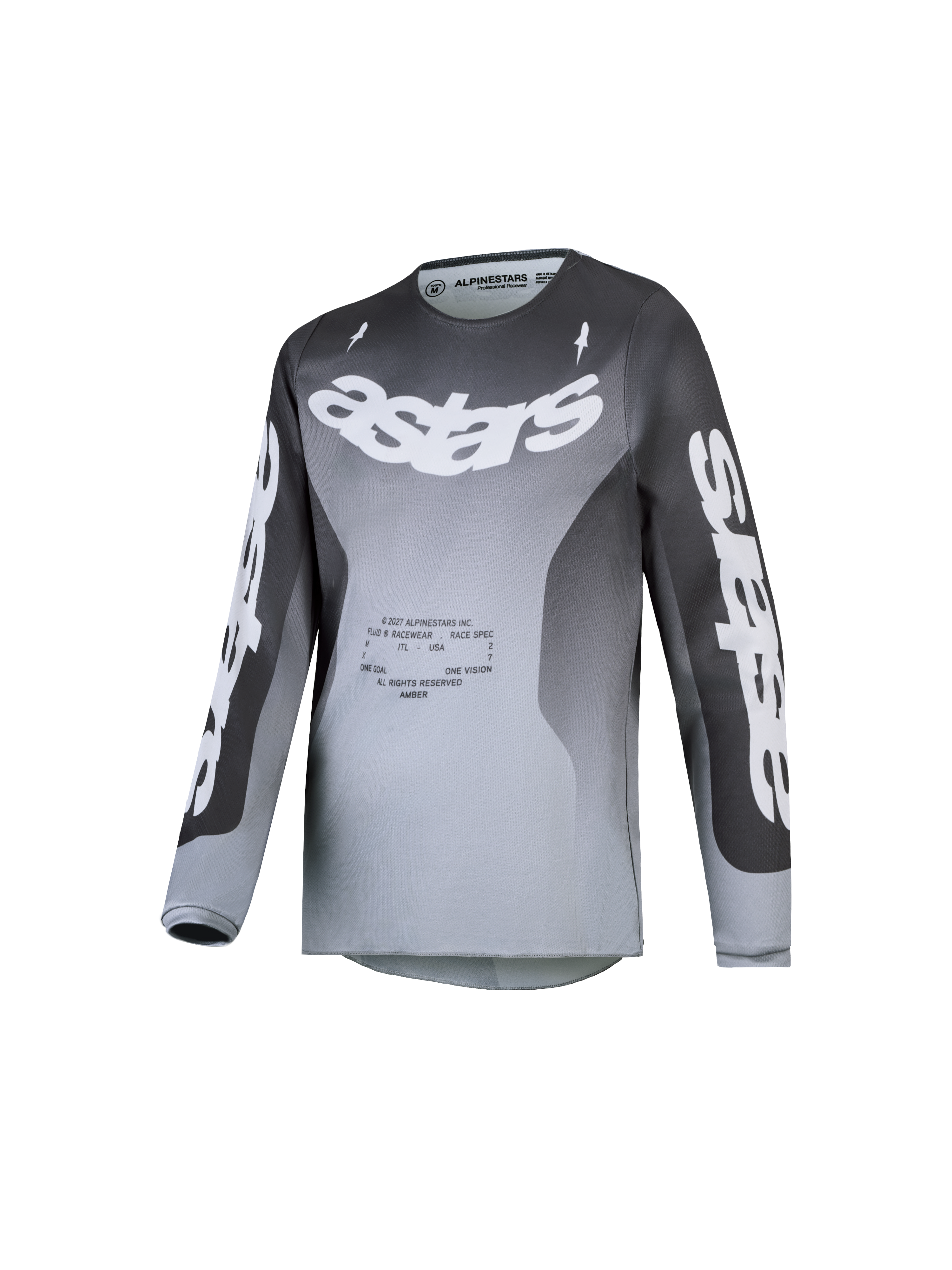 Alpinestars Camisola Fluid Amber Jovem 2027, camisola de motocross em degradê cinzento e branco, polifabric respirável.