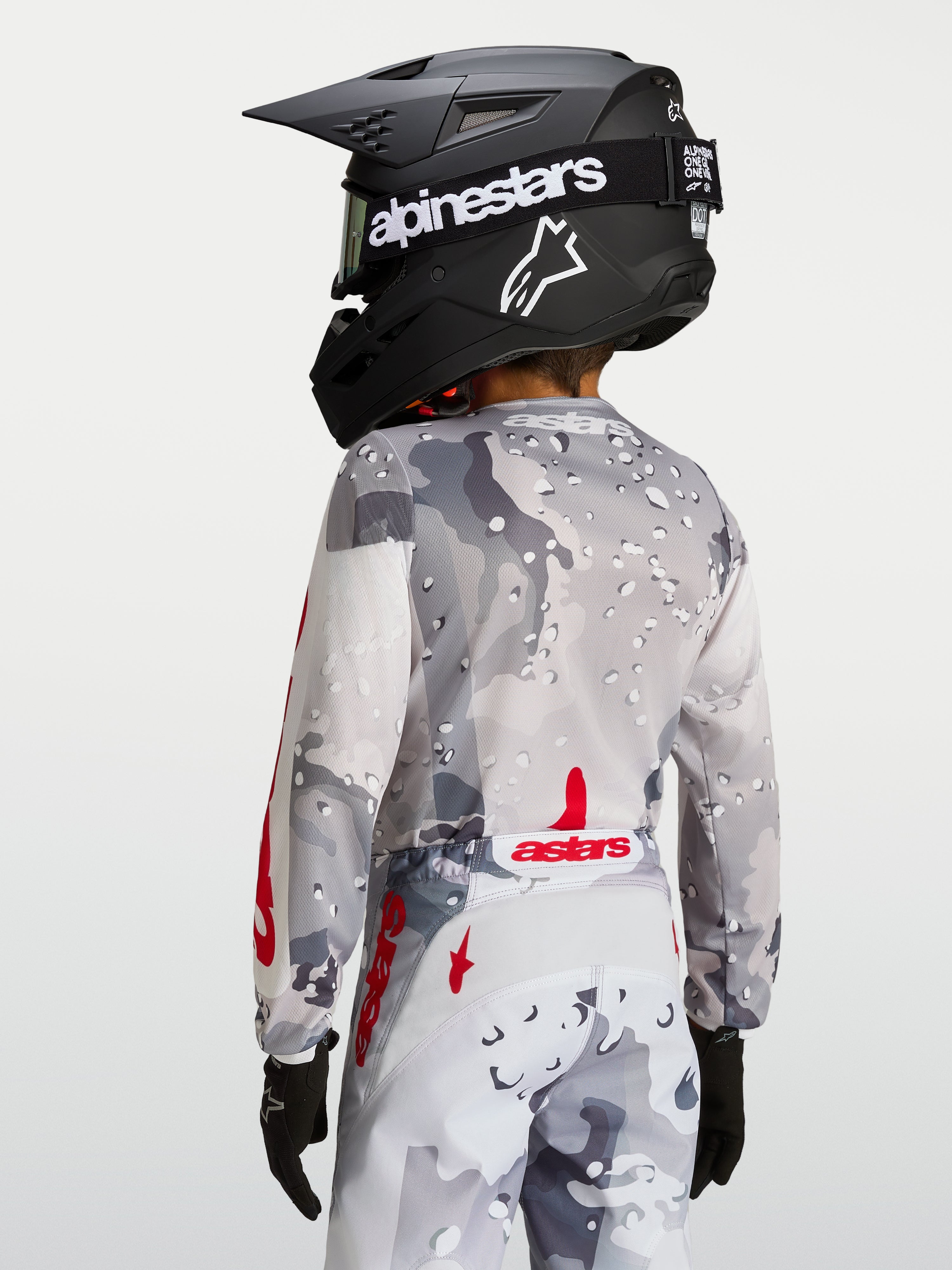 Alpinestars Camisola Fluid Lone Jovem, motocross, cinzento camuflado e vermelho, vista traseira com ajuste ergonómico.