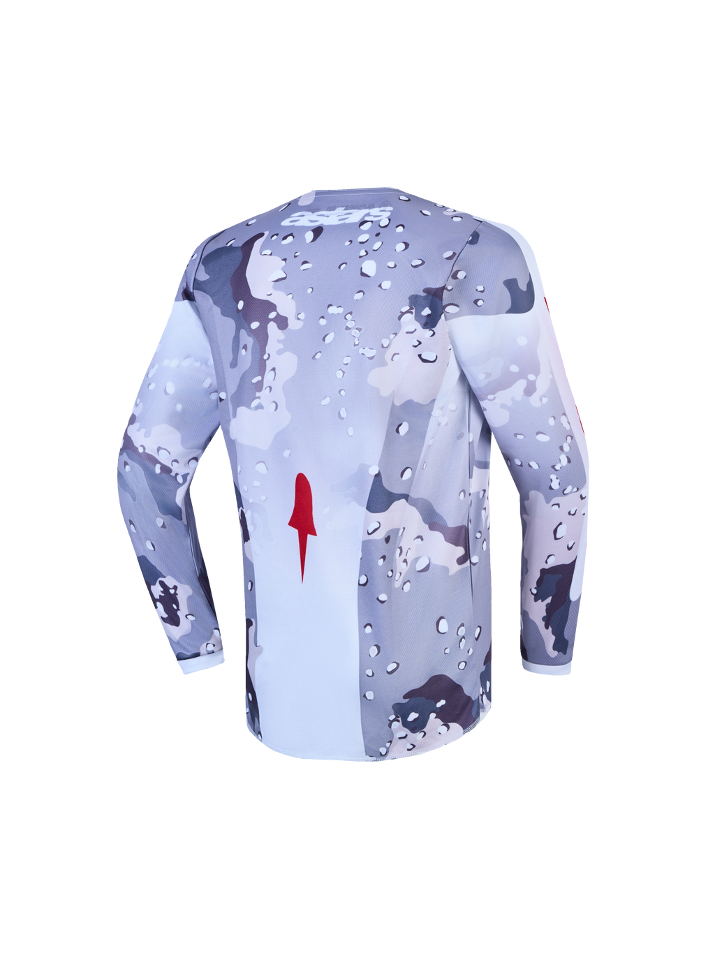 Alpinestars camisola Fluid Lone Jovem, camisola de motocross cinzenta e branca, padrão camuflagem, vista traseira, tecido técnico.