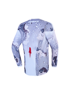 Alpinestars camisola Fluid Lone Jovem, camisola de motocross cinzenta e branca, padrão camuflagem, vista traseira, tecido técnico.