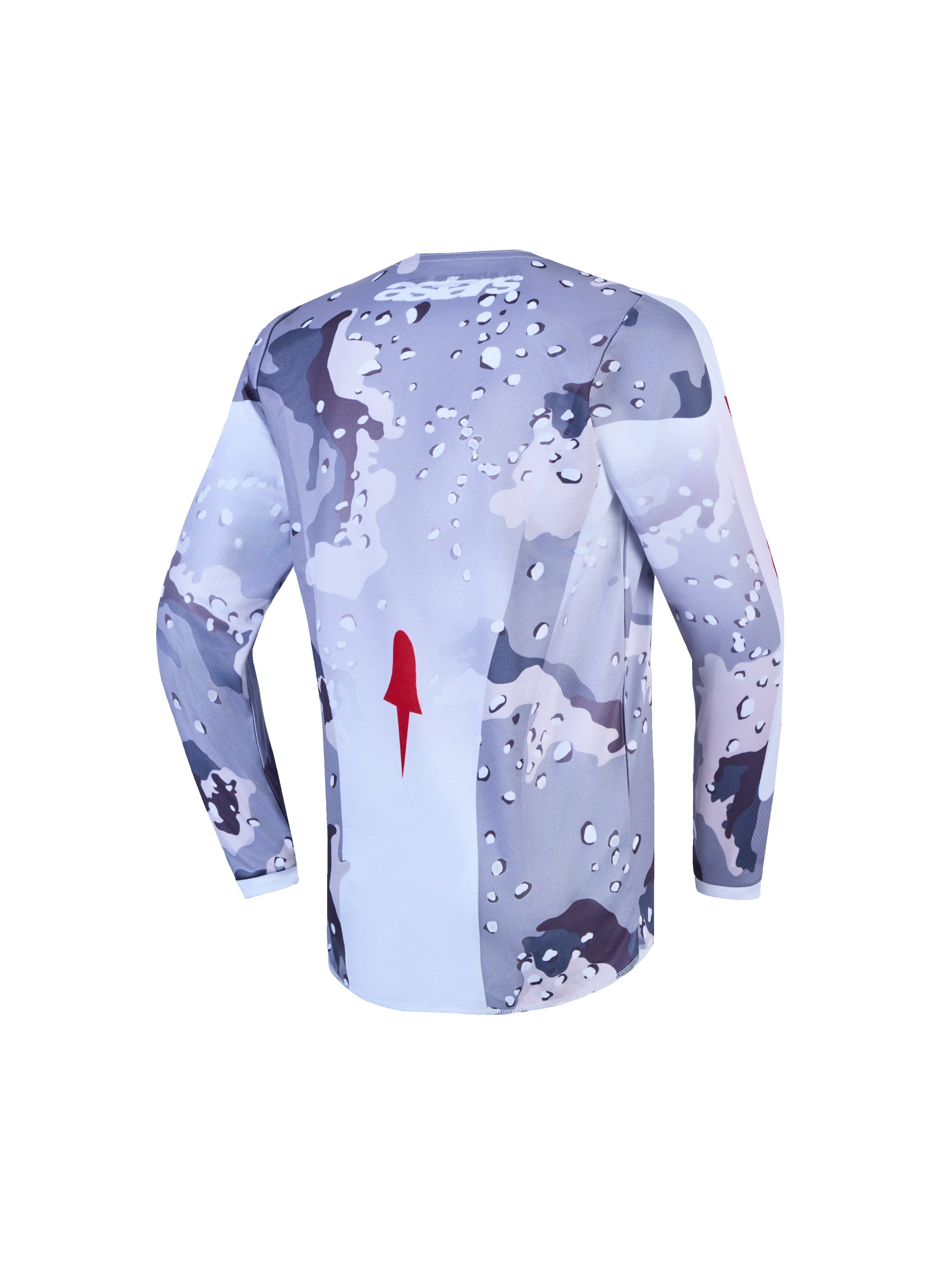 Alpinestars camisola Fluid Lone Jovem, camisola de motocross cinzenta e branca, padrão camuflagem, vista traseira, tecido técnico.