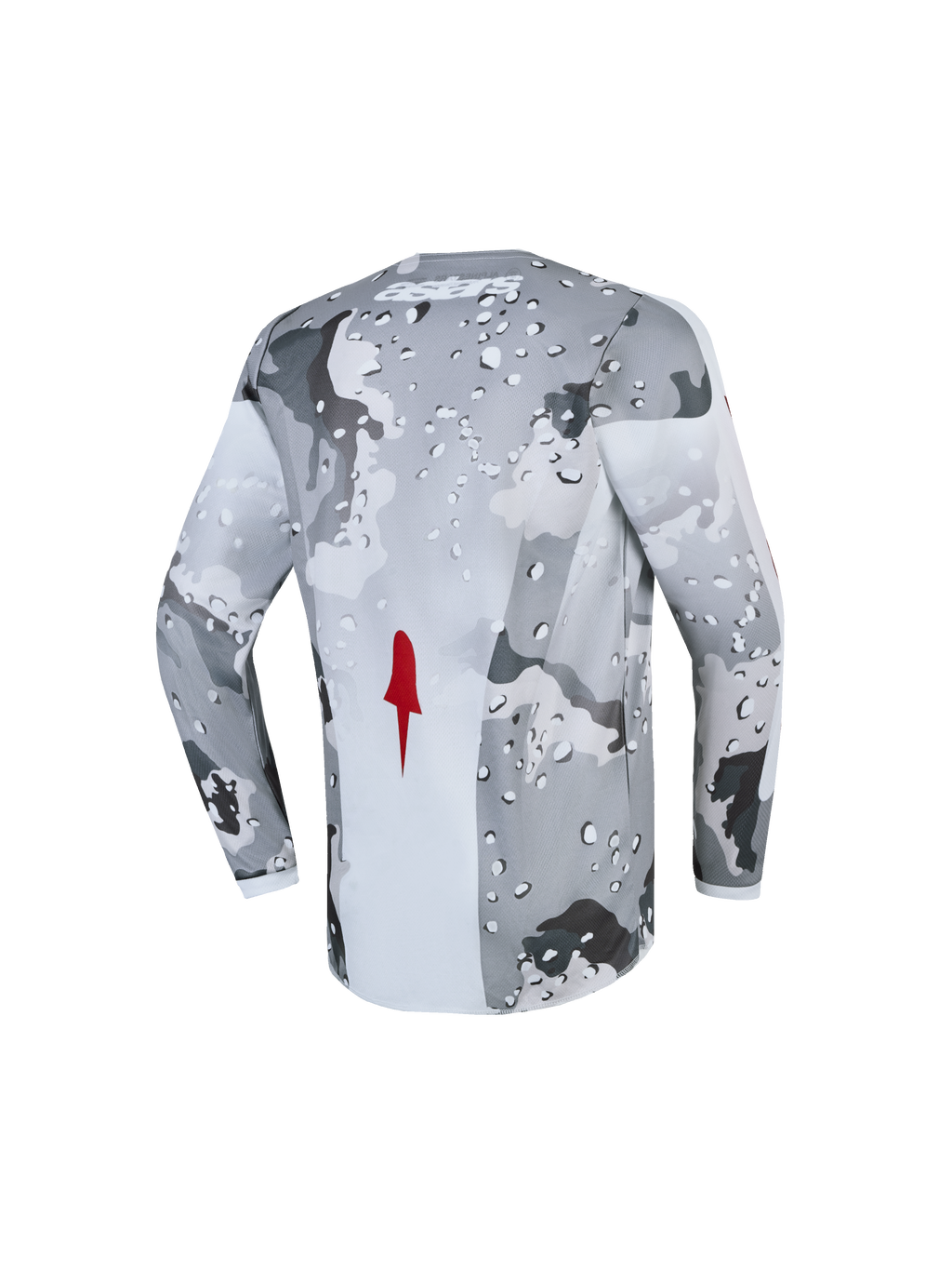 Alpinestars Camisola Fluid Lone Jovem, motocross, cinzenta camuflada e branca, detalhe vermelho, vista traseira, respirável.