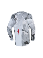 Alpinestars Camisola Fluid Lone Jovem, motocross, cinzenta camuflada e branca, detalhe vermelho, vista traseira, respirável.