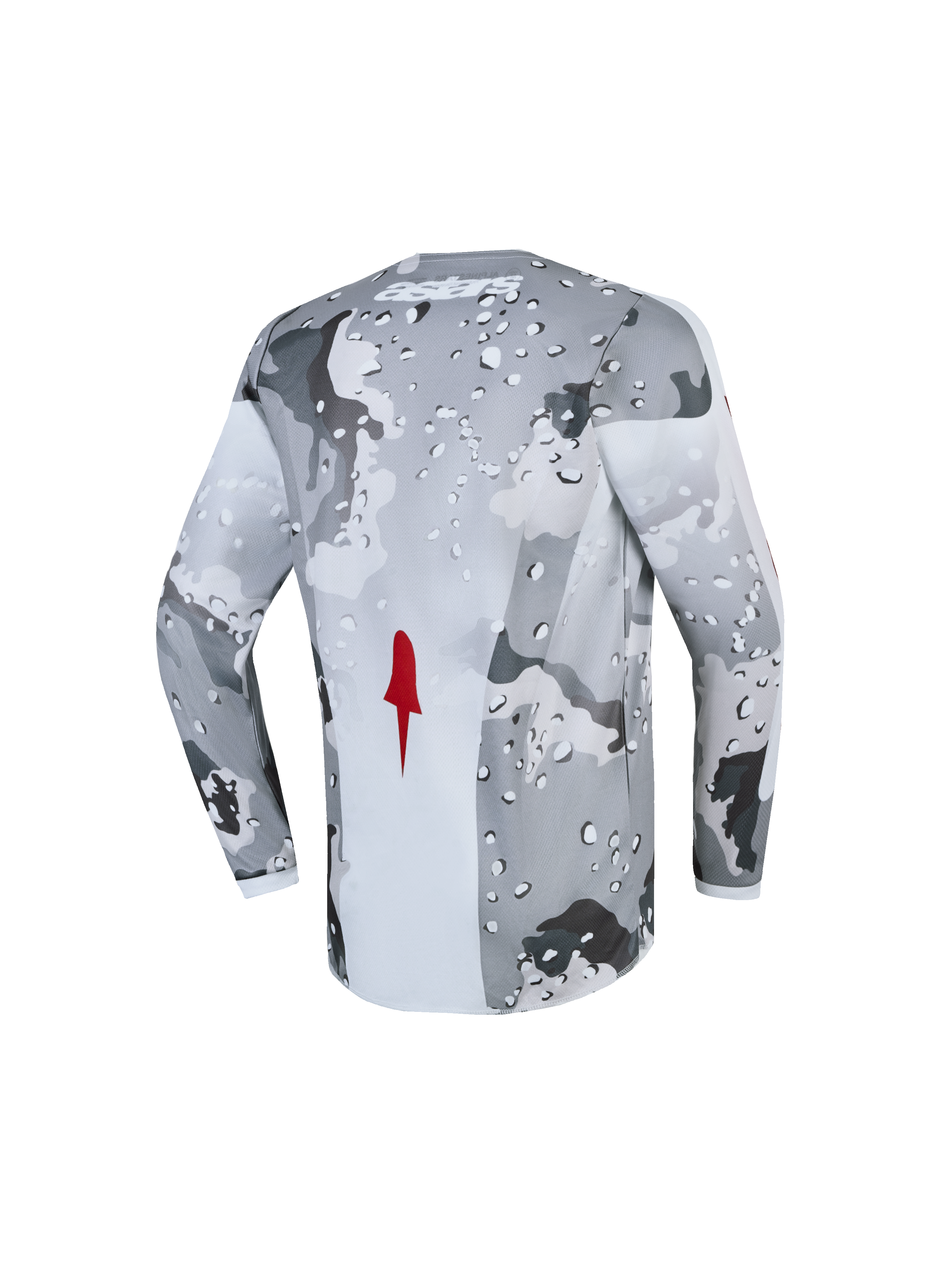 Alpinestars Camisola Fluid Lone Jovem, motocross, cinzenta camuflada e branca, detalhe vermelho, vista traseira, respirável.