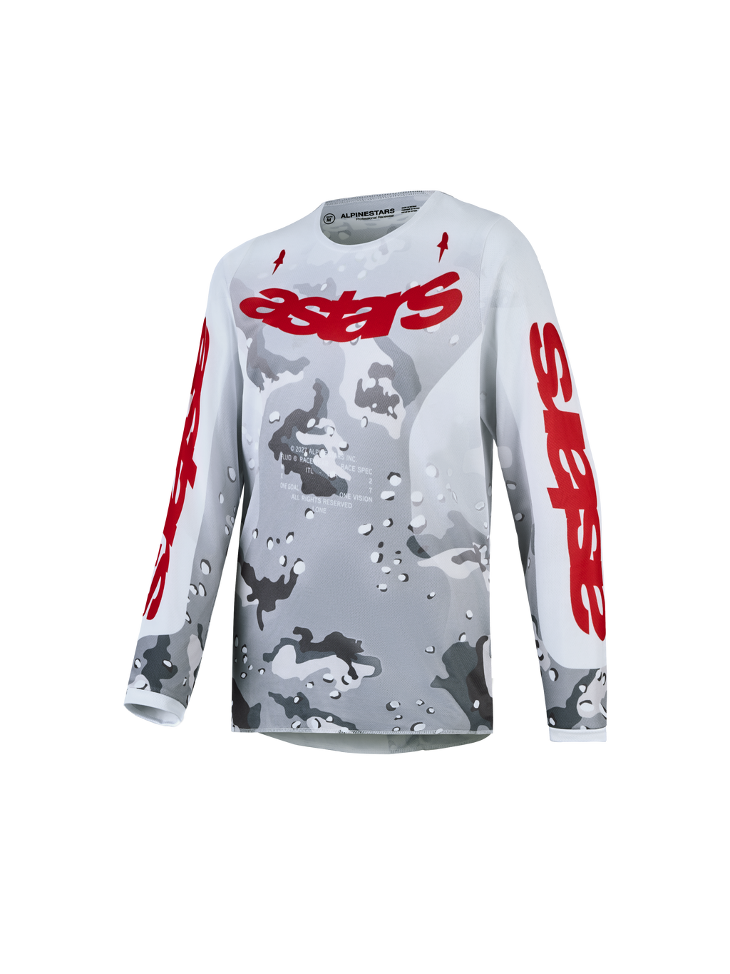 Alpinestars Camisola Fluid Lone Jovem para motocross, cinzenta camuflada e vermelha, material respirável.