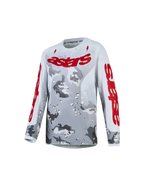 Alpinestars Camisola Fluid Lone Jovem para motocross, cinzenta camuflada e vermelha, material respirável.