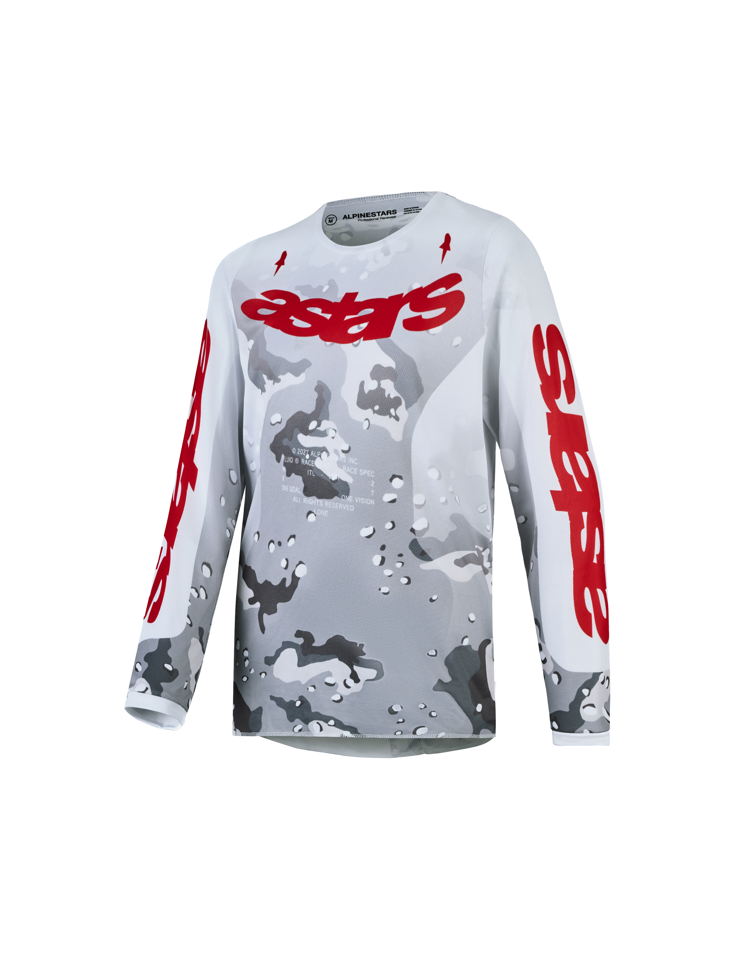 Alpinestars Camisola Fluid Lone Jovem para motocross, cinzenta camuflada e vermelha, material respirável.