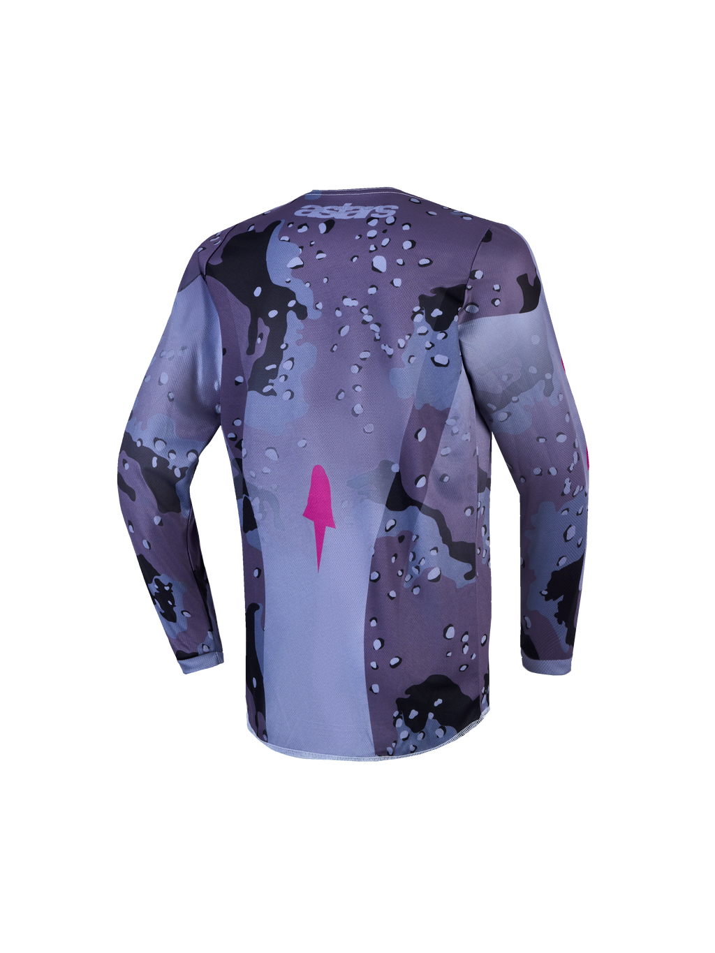 Alpinestars Fluid Lone, camisola motocross jovem, camuflada cinzenta e roxa, vista traseira com bainha alongada.