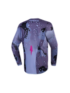 Alpinestars Fluid Lone, camisola motocross jovem, camuflada cinzenta e roxa, vista traseira com bainha alongada.