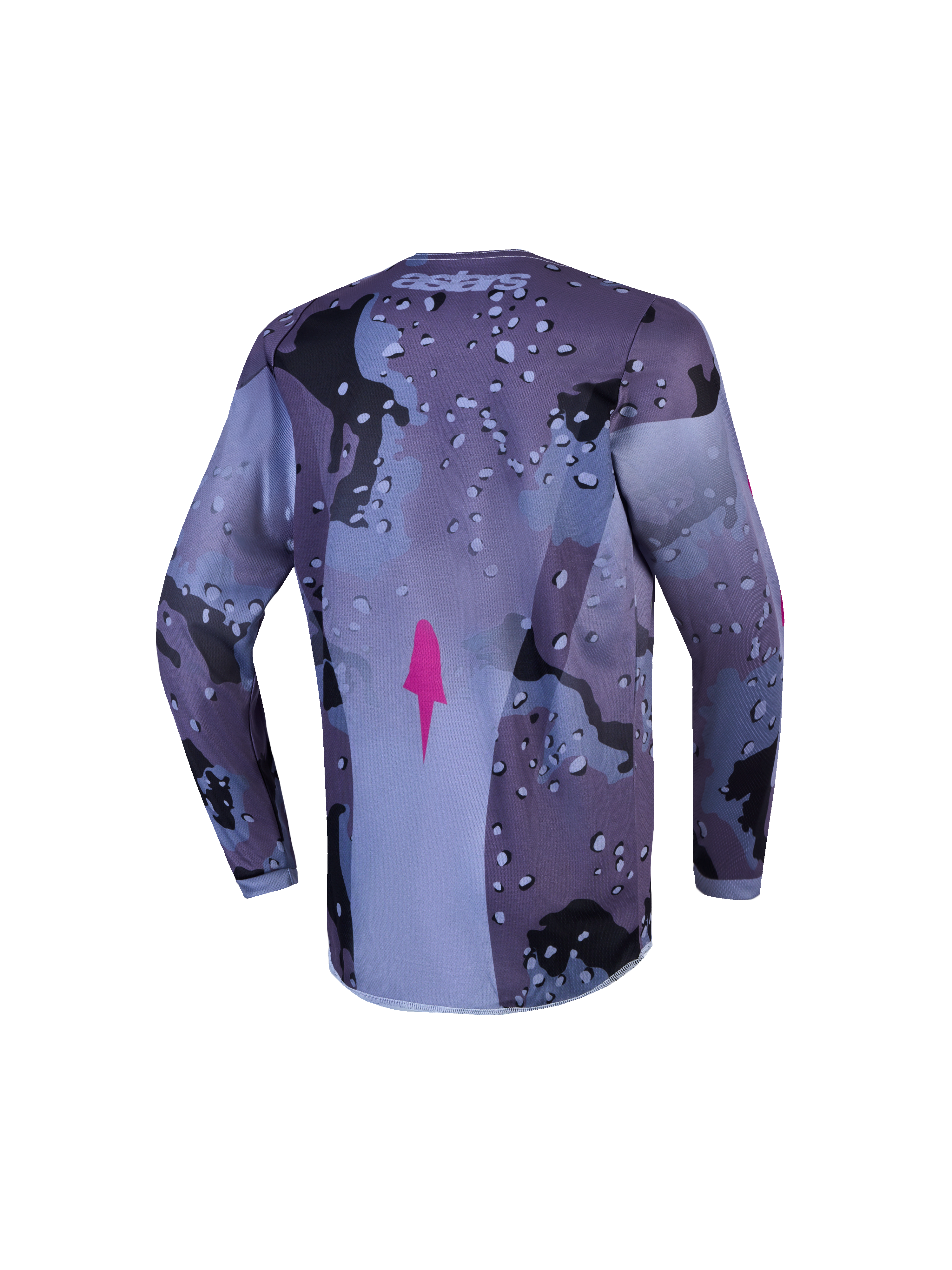 Alpinestars Fluid Lone, camisola motocross jovem, camuflada cinzenta e roxa, vista traseira com bainha alongada.