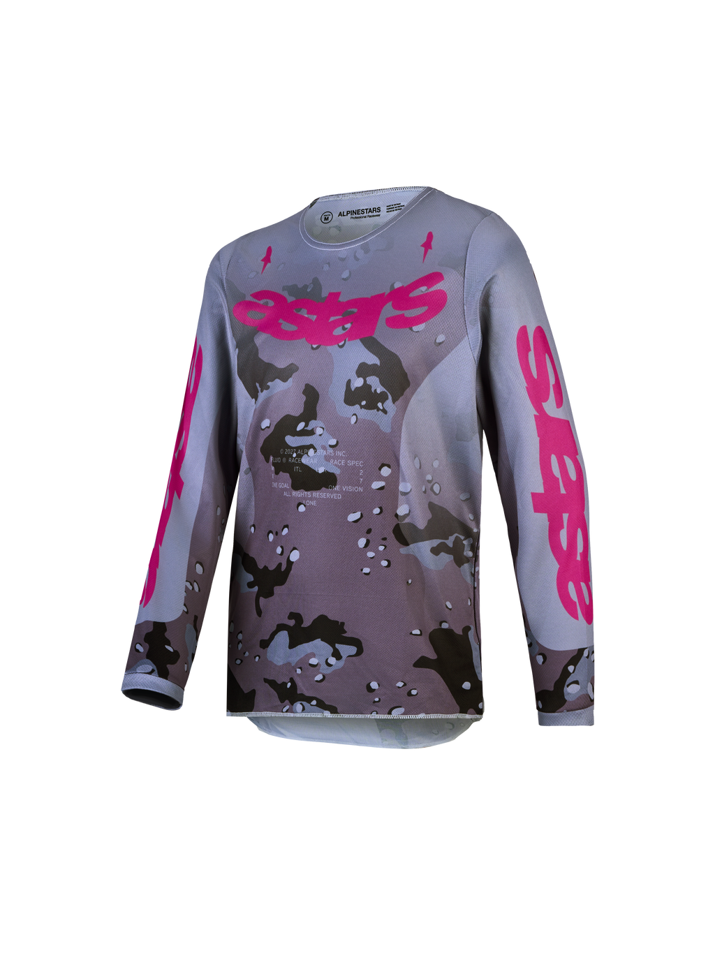 Alpinestars camisola Fluid Lone Jovem 2027, camisola de motocross, cinzento camuflado e roxo, em polifabric respirável.