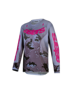 Alpinestars camisola Fluid Lone Jovem 2027, camisola de motocross, cinzento camuflado e roxo, em polifabric respirável.