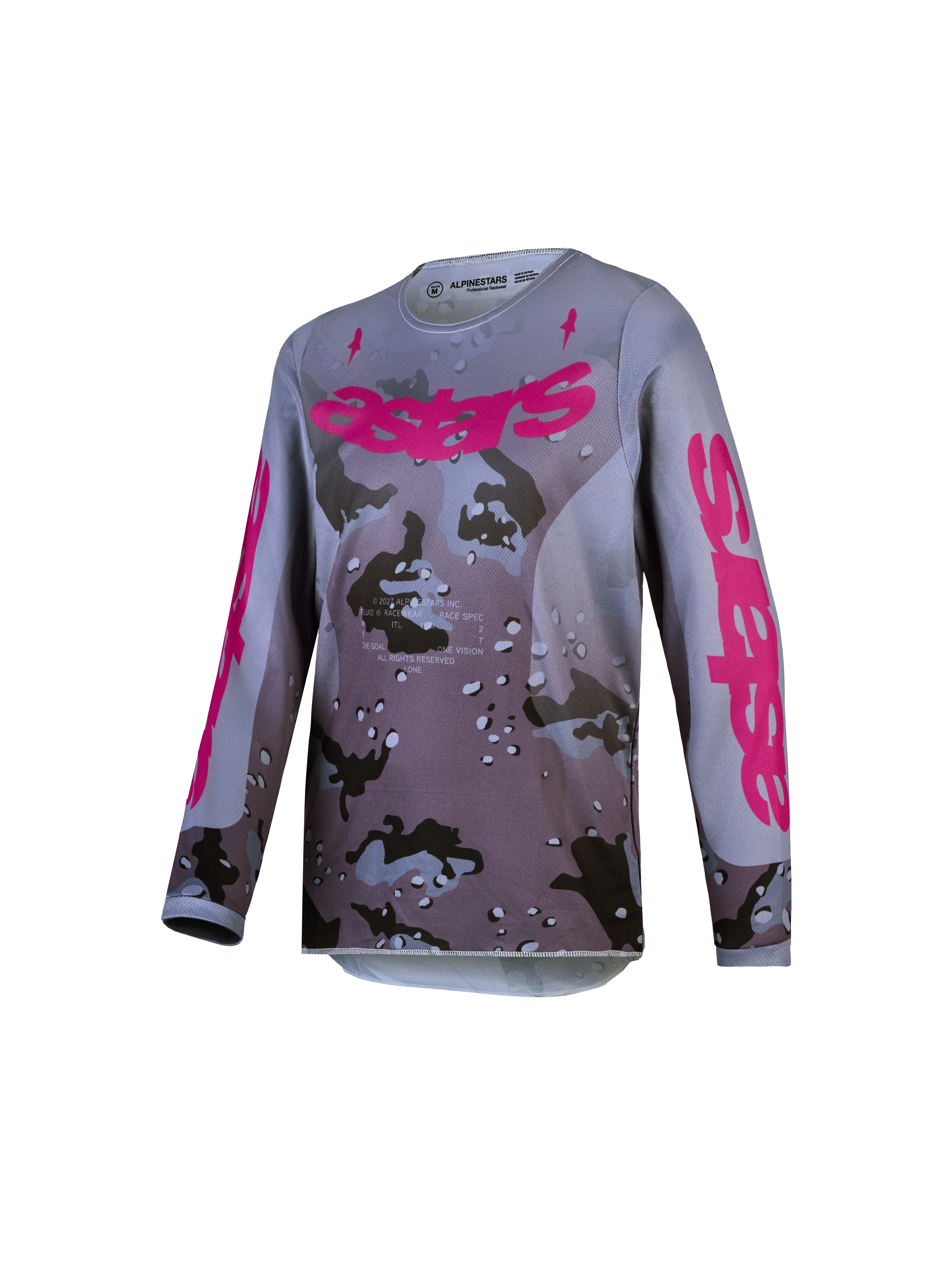 Alpinestars camisola Fluid Lone Jovem 2027, camisola de motocross, cinzento camuflado e roxo, em polifabric respirável.