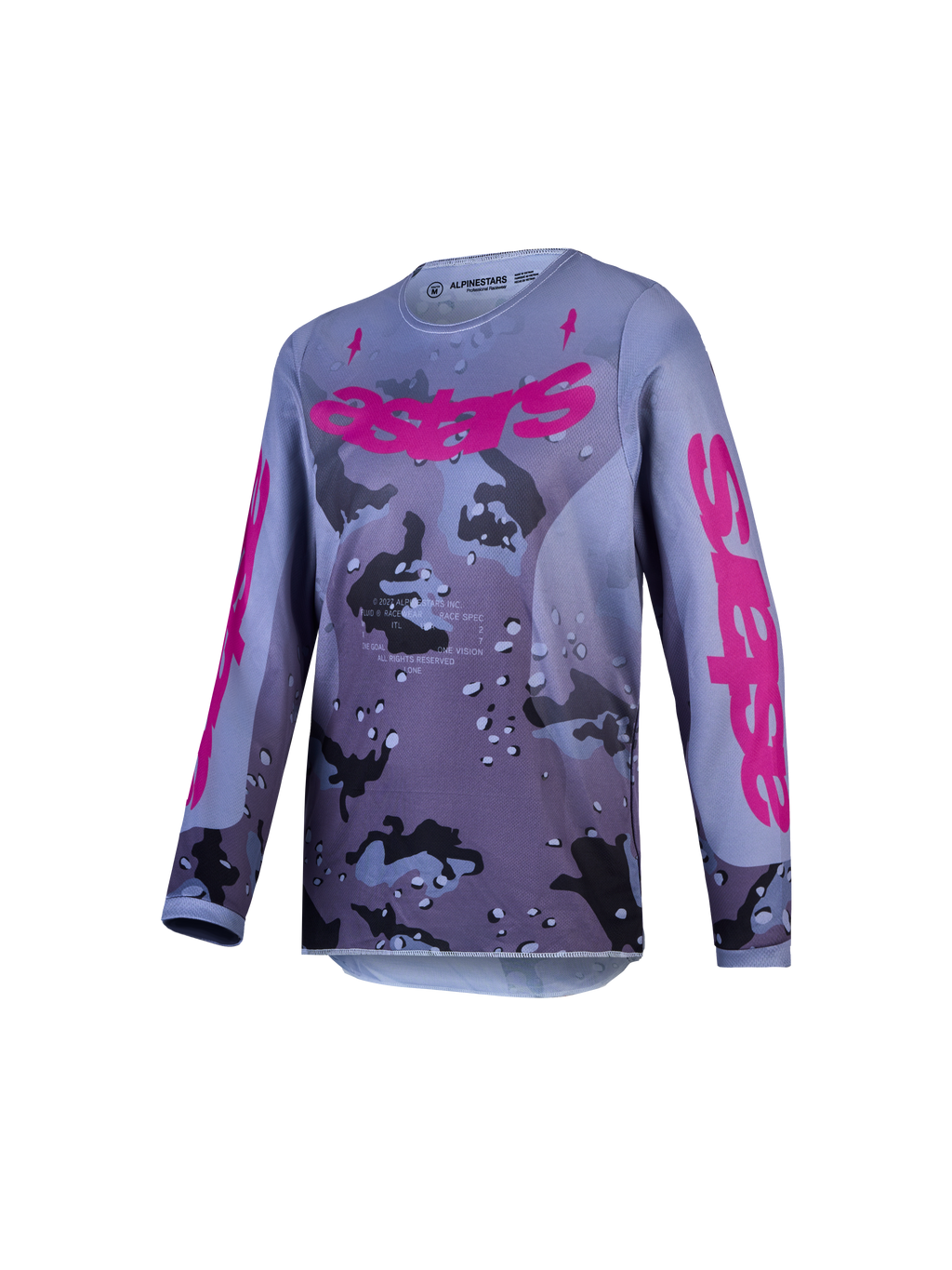 Alpinestars Camisola Fluid Lone Jovem, camisola de motocross para jovens, cinzenta e roxa, camuflada, tecido respirável.