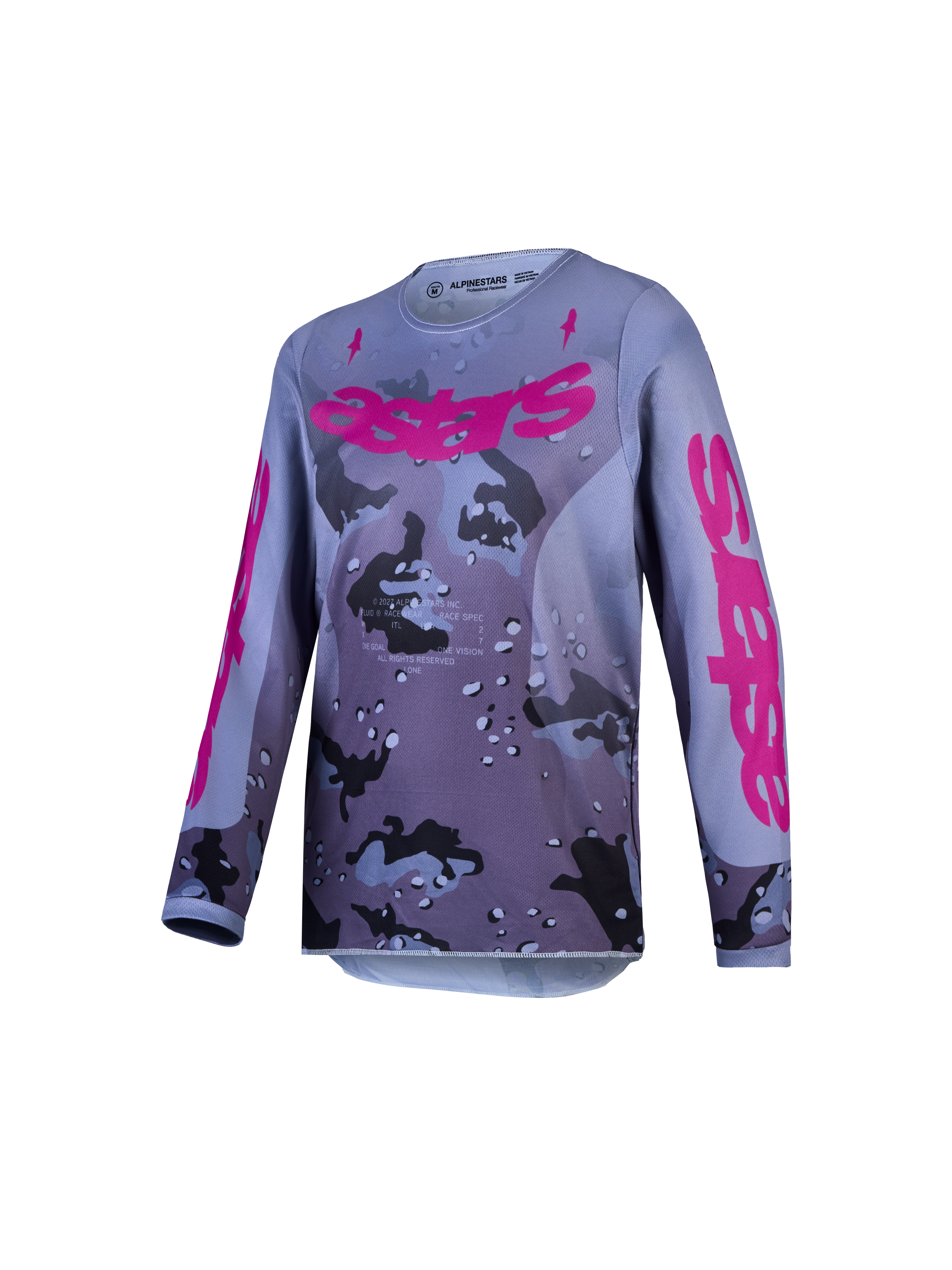 Alpinestars Camisola Fluid Lone Jovem, camisola de motocross para jovens, cinzenta e roxa, camuflada, tecido respirável.