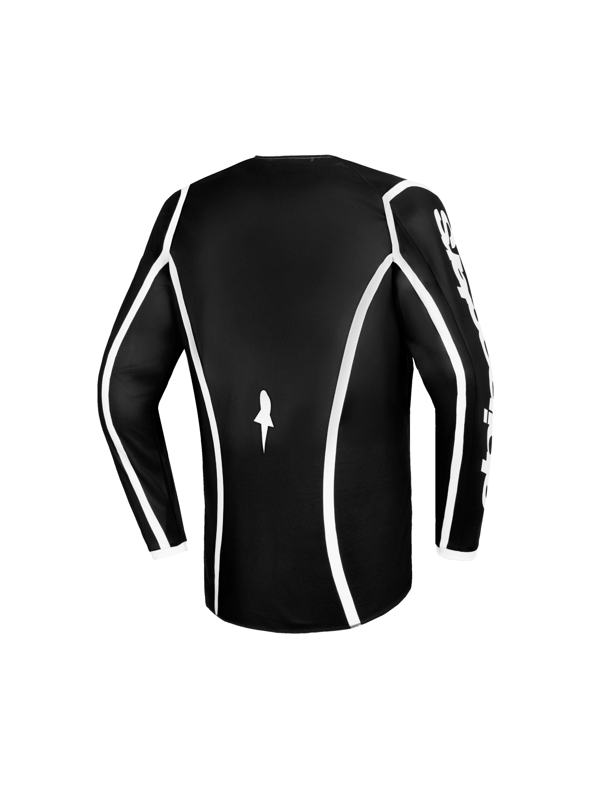 Alpinestars 2026 Youth Fluid Apex Jersey, camisola de motocross, preta e branca, vista traseira com debrum curvo branco, pequeno logótipo branco na parte inferior das costas, marca Alpinestars na manga, vestuário de performance para jovens pilotos de off-road