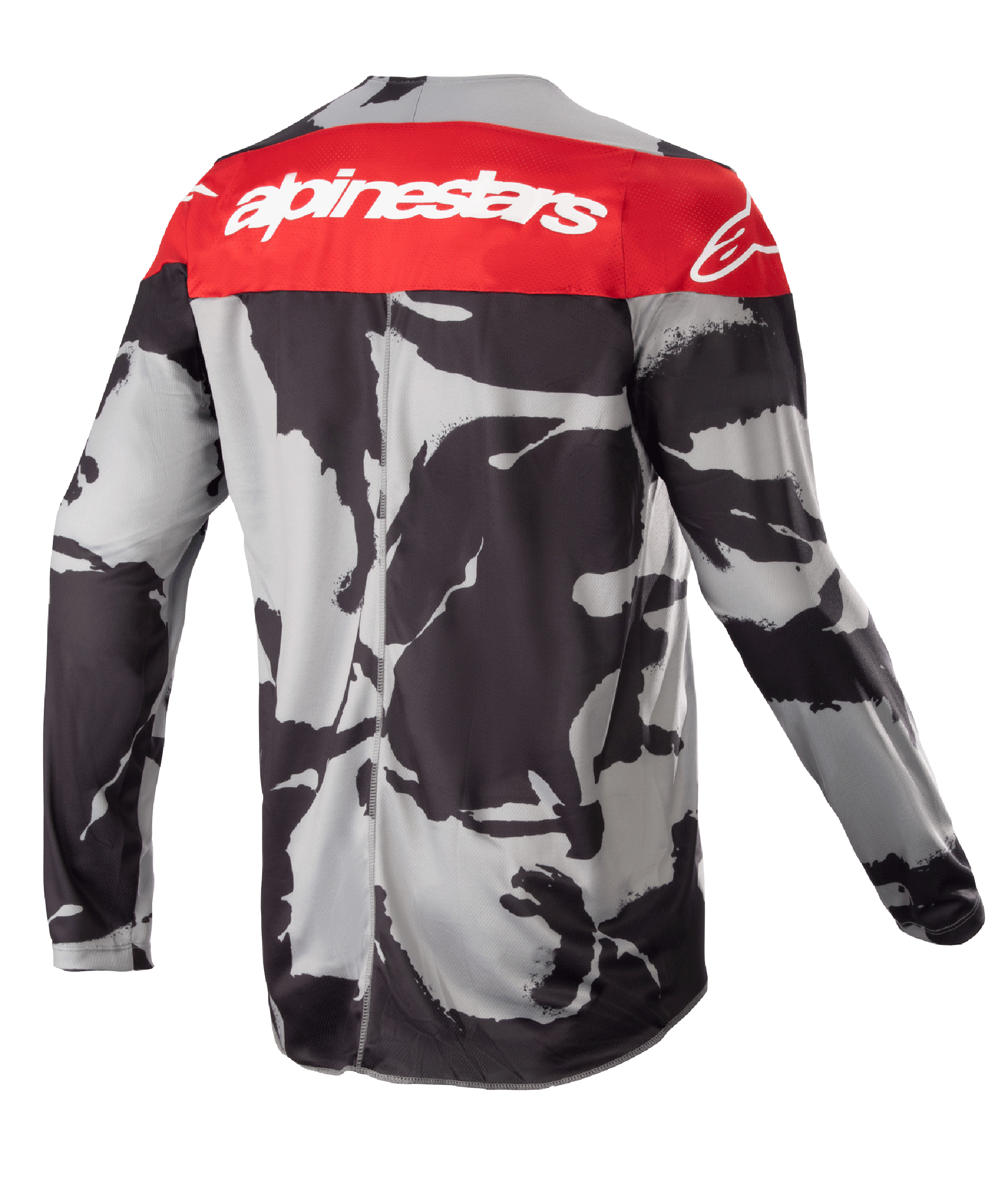 Camisola Alpinestars Youth 2023 Racer Tactical, camisola de motocross, Cast Gray Camo e Mars Red, vista traseira com um painel vermelho nos ombros com a marca Alpinestars em branco, padrão de camuflagem abstrato em preto e cinzento, equipamento leve com absorção de humidade para corridas de todo-o-terreno