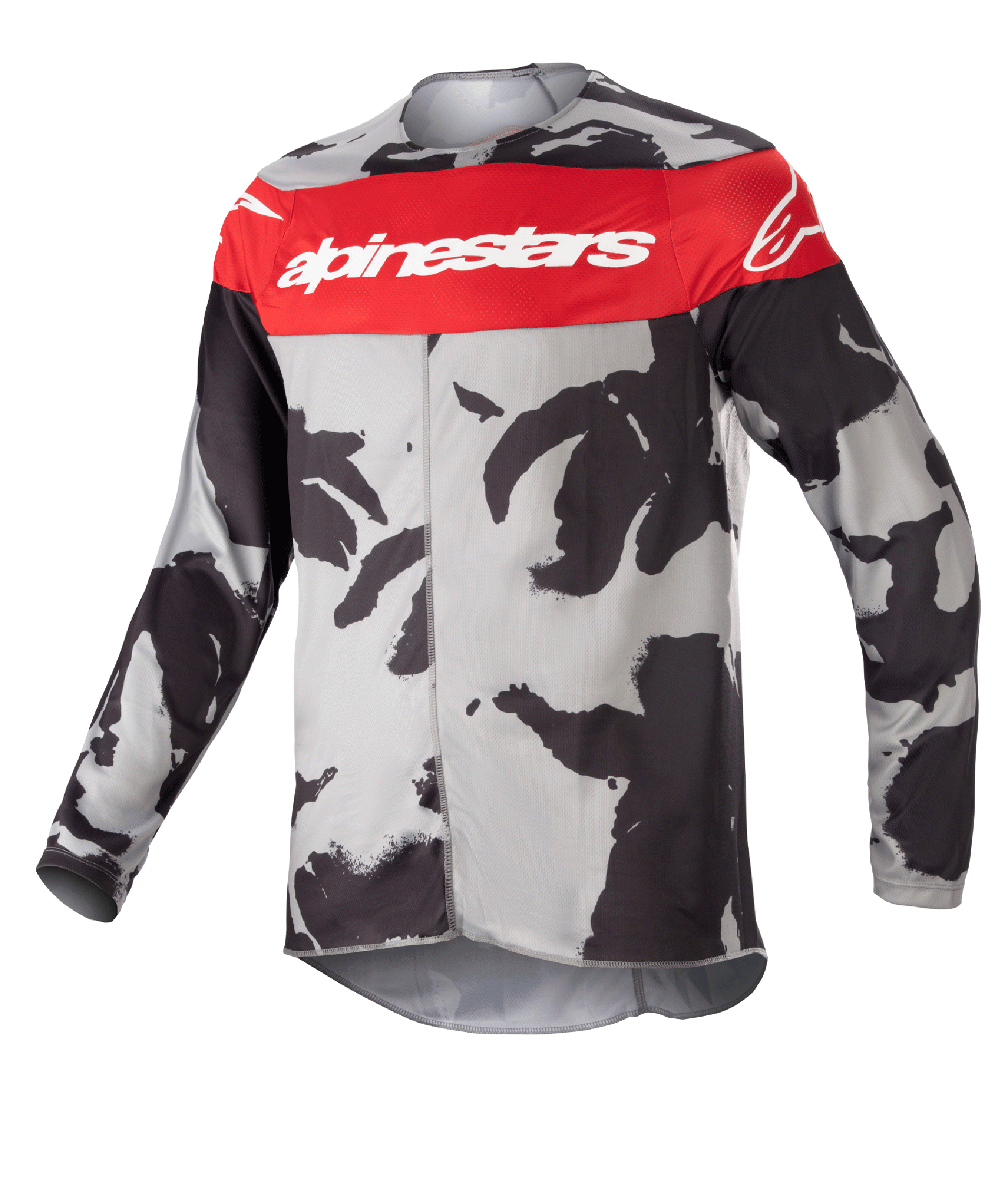 Alpinestars Youth 2023 Racer Tactical Jersey, camisola de motocross, camuflado cinzento e vermelho Mars, com uma faixa horizontal vermelha no peito e logótipo Alpinestars branco, padrão camuflado cinzento e preto, tecido leve que absorve a humidade para condução todo-o-terreno