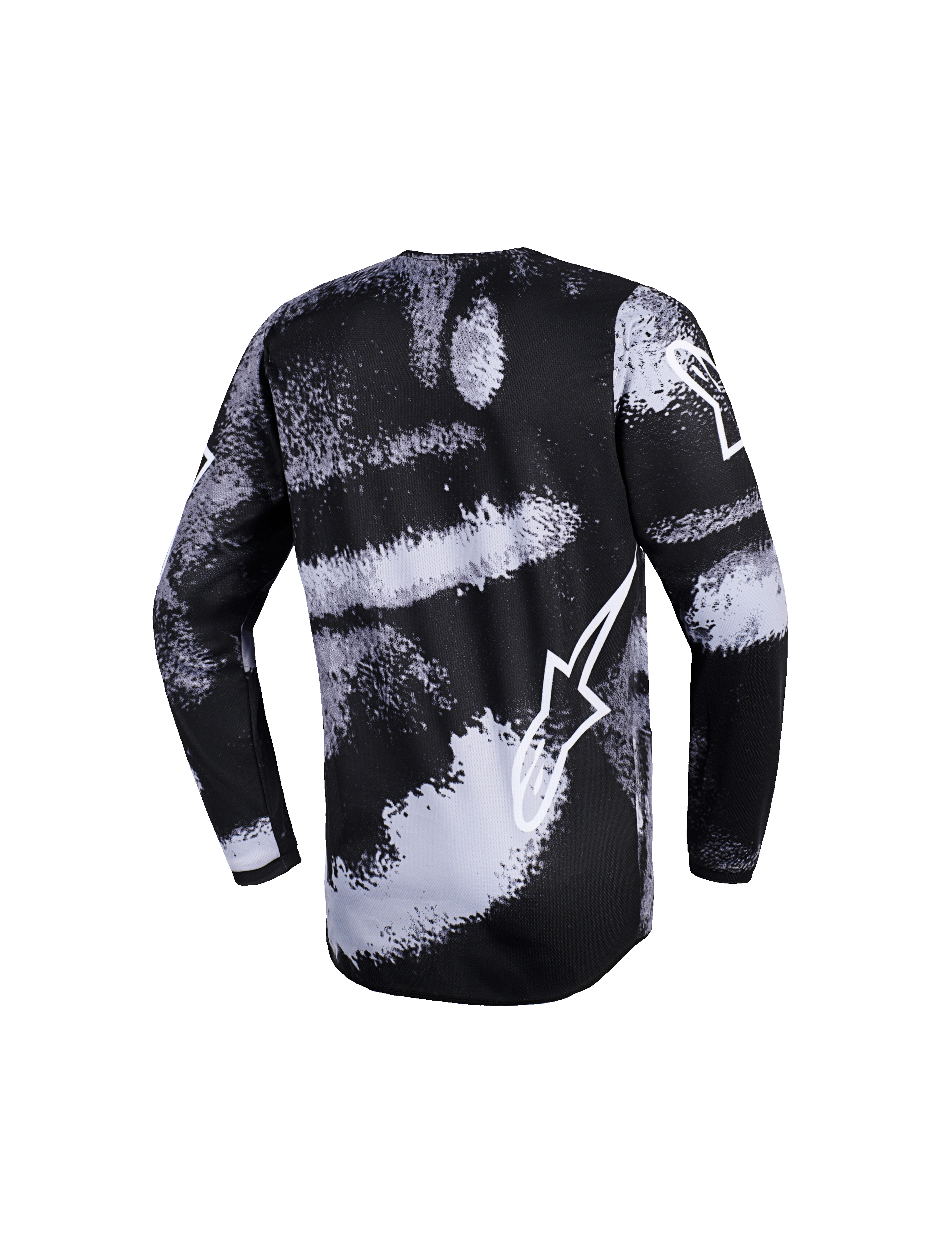 Alpinestars 2026 Youth Fluid Lahnd Jersey, camisola de motocross, design de pinceladas Iron Camo em preto e branco, vista traseira, mangas compridas, com contorno branco do logótipo Alpinestars, equipamento de alta performance para todo-o-terreno