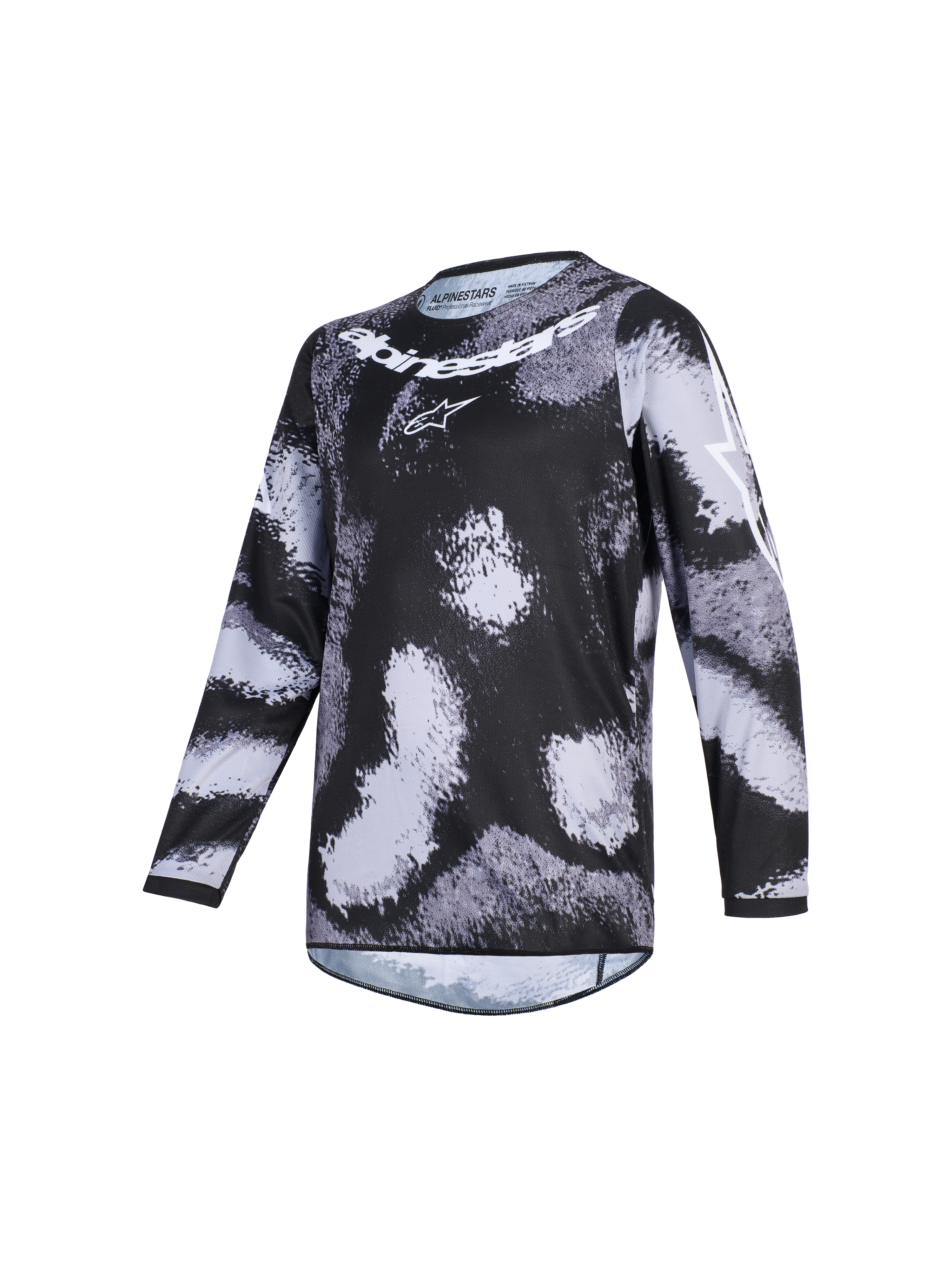 Alpinestars 2026 Racer Lahnd Jersey, camisola de motocross, Iron Camo, padrão de camuflagem preto e cinzento, marca nominativa e logótipo Alpinestars em branco no peito, vestuário de performance de mangas compridas para todo-o-terreno